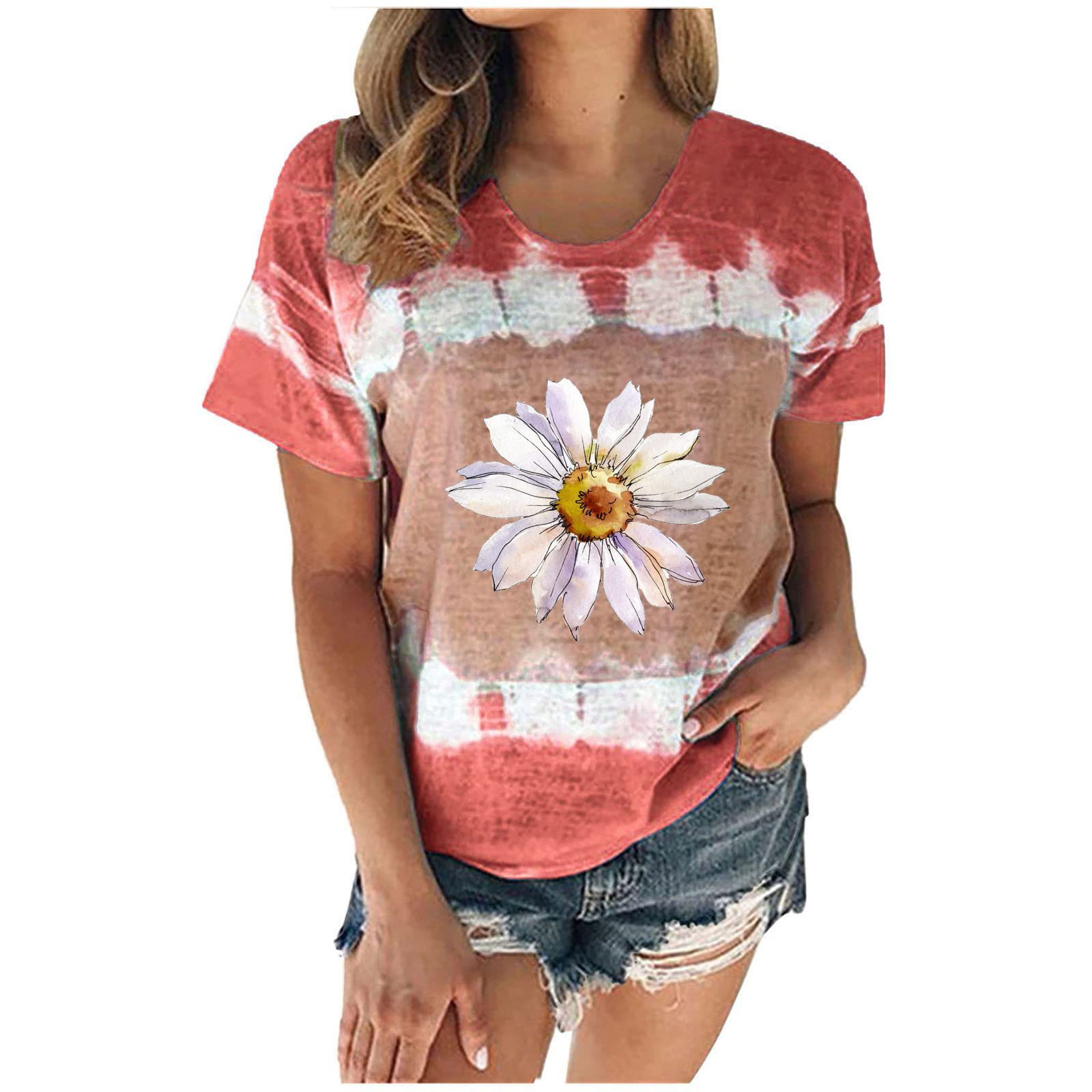 Women's Cute Summer Tops - Sunflower Print Short Sleeve Tunic Tee with Crew Neck | Casual Blouse for Beach, Vacation & Everyday Wear