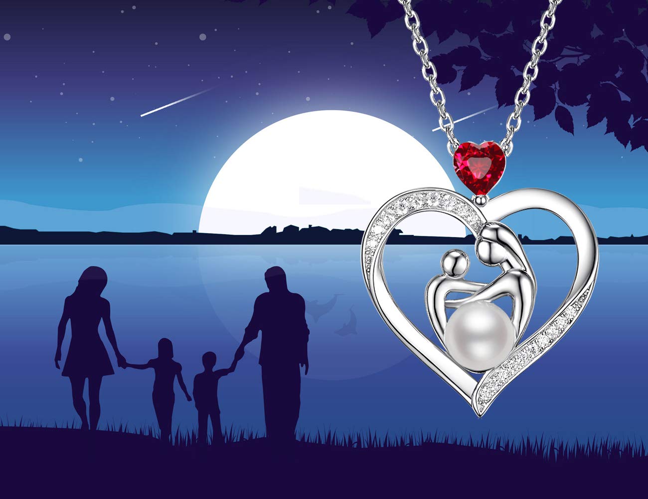Sterling Silver Heart Necklace for Mom - Personalized Birthstone Jewelry Gift for Mother's Birthday, Wife, Anniversary (Emerald, Pearl, Garnet) | Elegant & Sentimental Present for Special Occasions