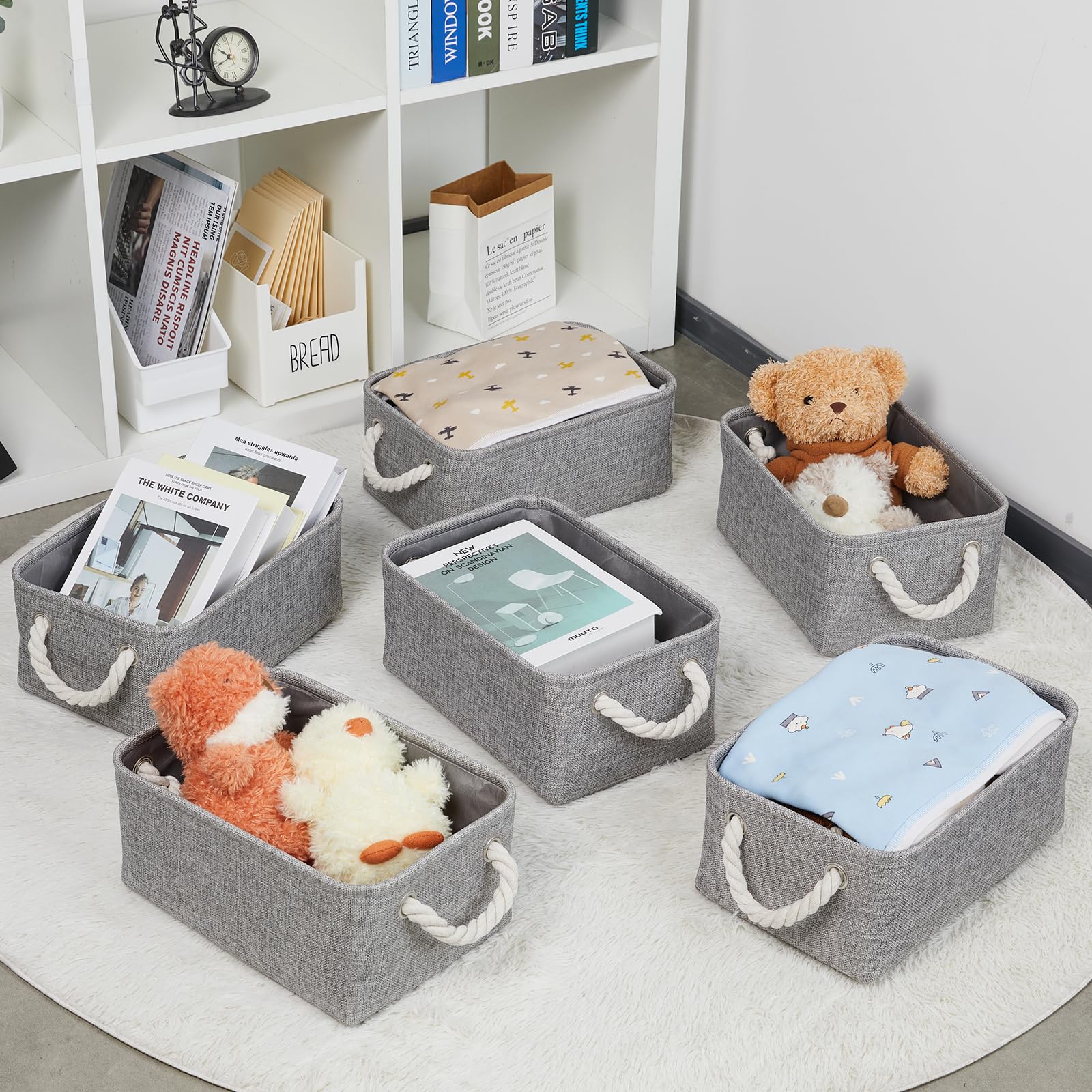 Small Gray Fabric Storage Bins Set of 6 - Collapsible Organizer for Closet & Shelf