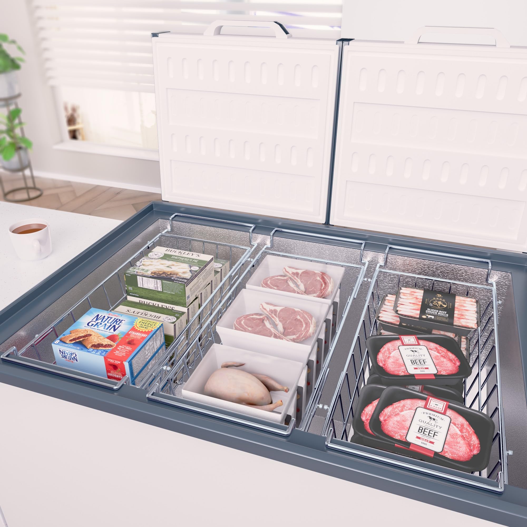 SANNO Chest Freezer Baskets - 2 Pack Stainless Steel Deep Freezer Organizer Bins with Adjustable Arms (17.5