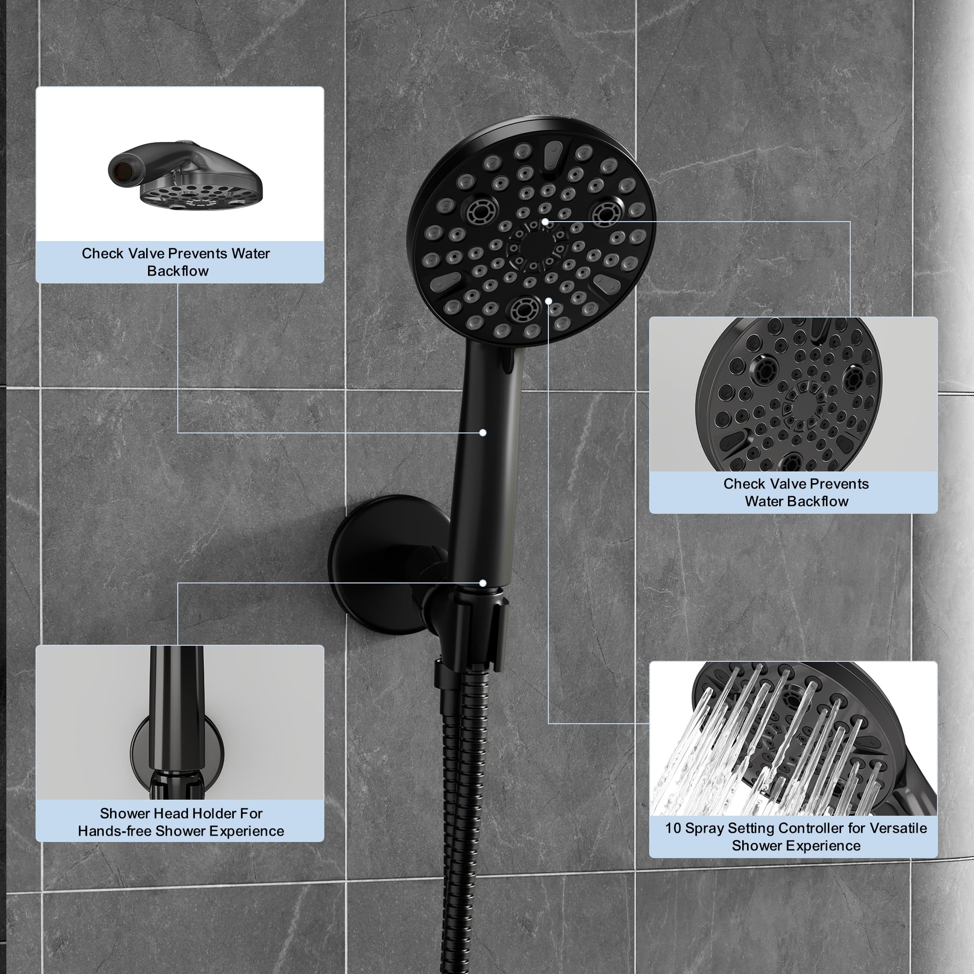 TRE Home High Pressure Shower Head with Handheld Spray - 10 Function Detachable Shower Head with Hose - Perfect for Bathroom, Spa & Pet Washing (Black)