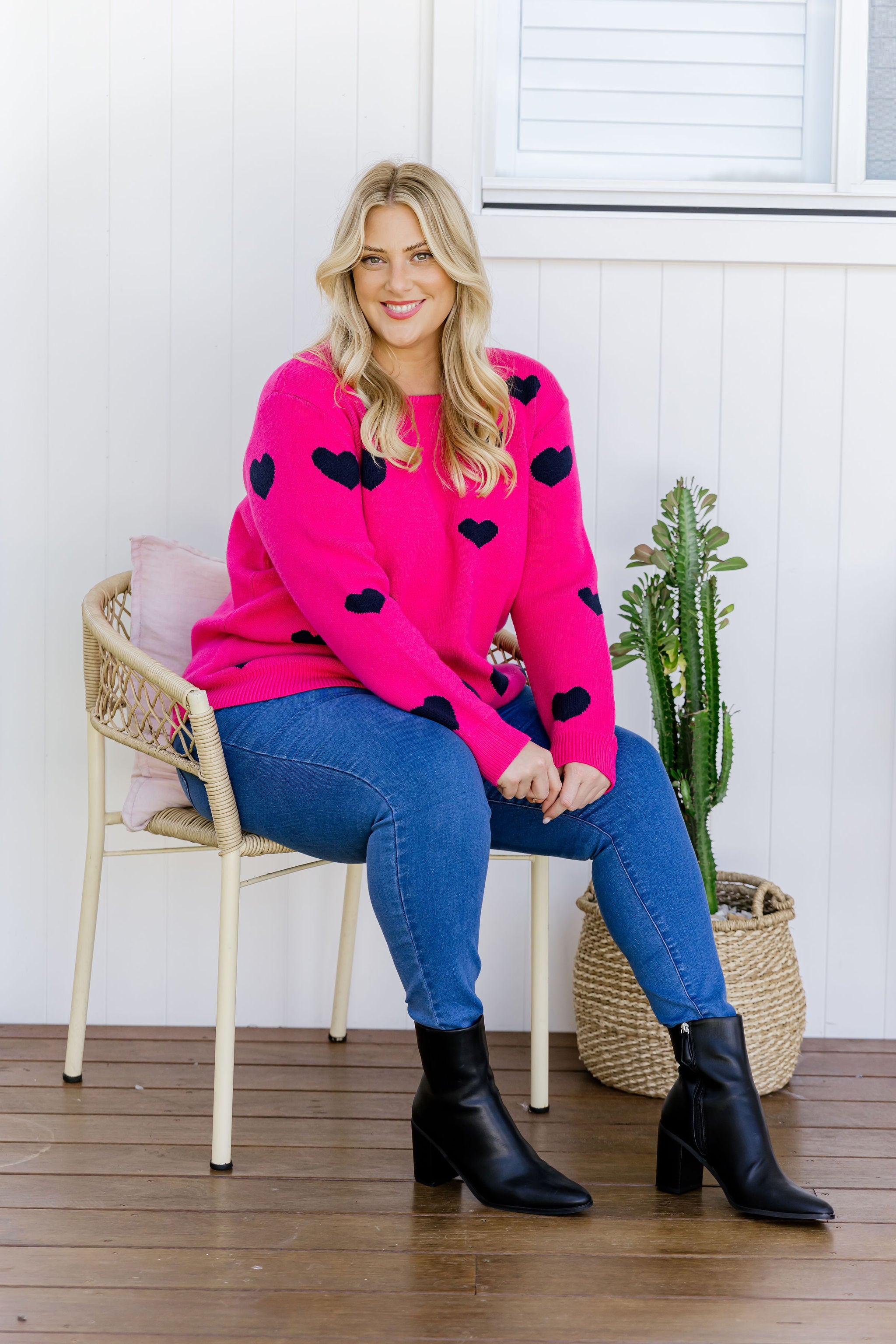 Amor Knit Jumper Women's Pink Sweater with Navy Hearts Design - Perfect for Casual Wear, Date Nights & Cozy Winter Outfits