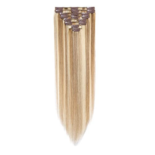S-noilite 22 Inch Clip-in Human Hair Extensions - Balayage Golden Brown & Bleach Blonde Remy Hair - 8PCS 75g Natural Straight Hair Wefts for Women (#12P613) | Perfect for Parties, Weddings & Daily Styling