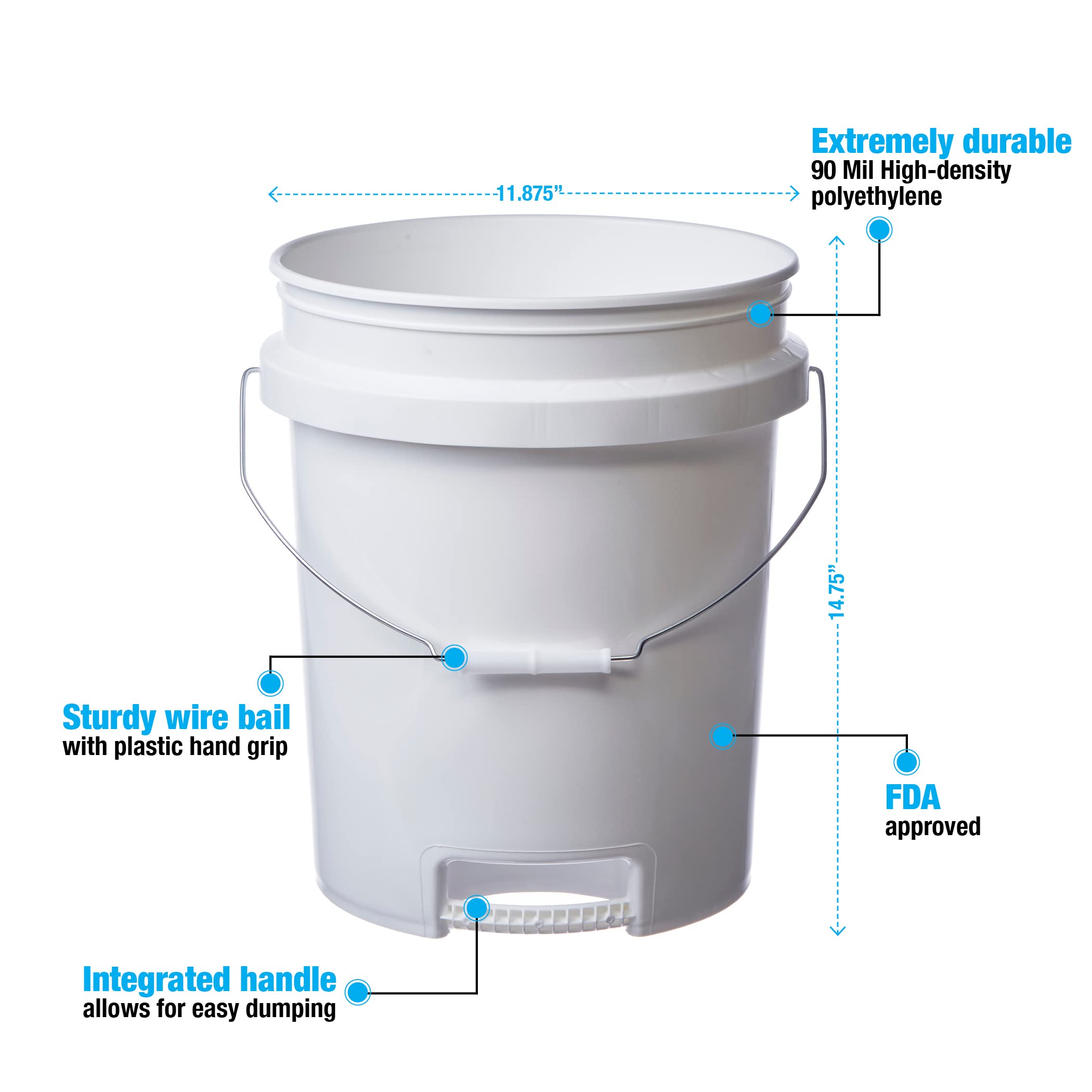 5 Gallon White Food Grade Buckets with Gamma Seal Lids - BPA Free HDPE Storage Pails with Bottom Grip Handle | Durable Made in USA Containers (6-Pack, Yellow Lids) for Food Storage, Home Organization & DIY Projects
