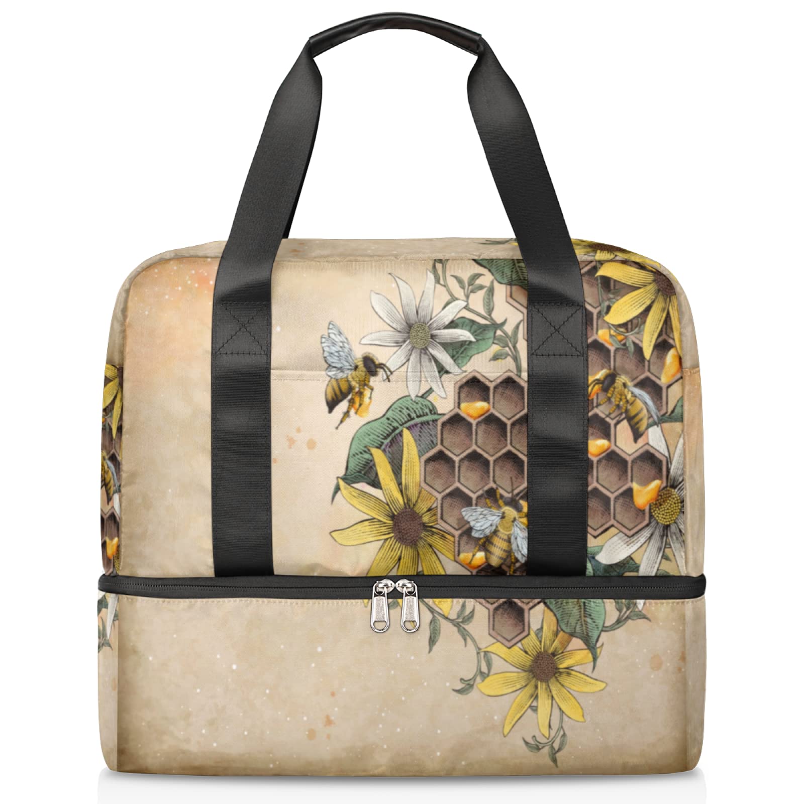 Waterproof Travel Duffel Bag with Wet Pocket & Shoe Compartment - Large Gym Bag for Sports, Overnight Trips & Weekenders - Honey Bee Flower Design for Women & Men | Perfect for Gym, Travel, Yoga & Weekend Getaways