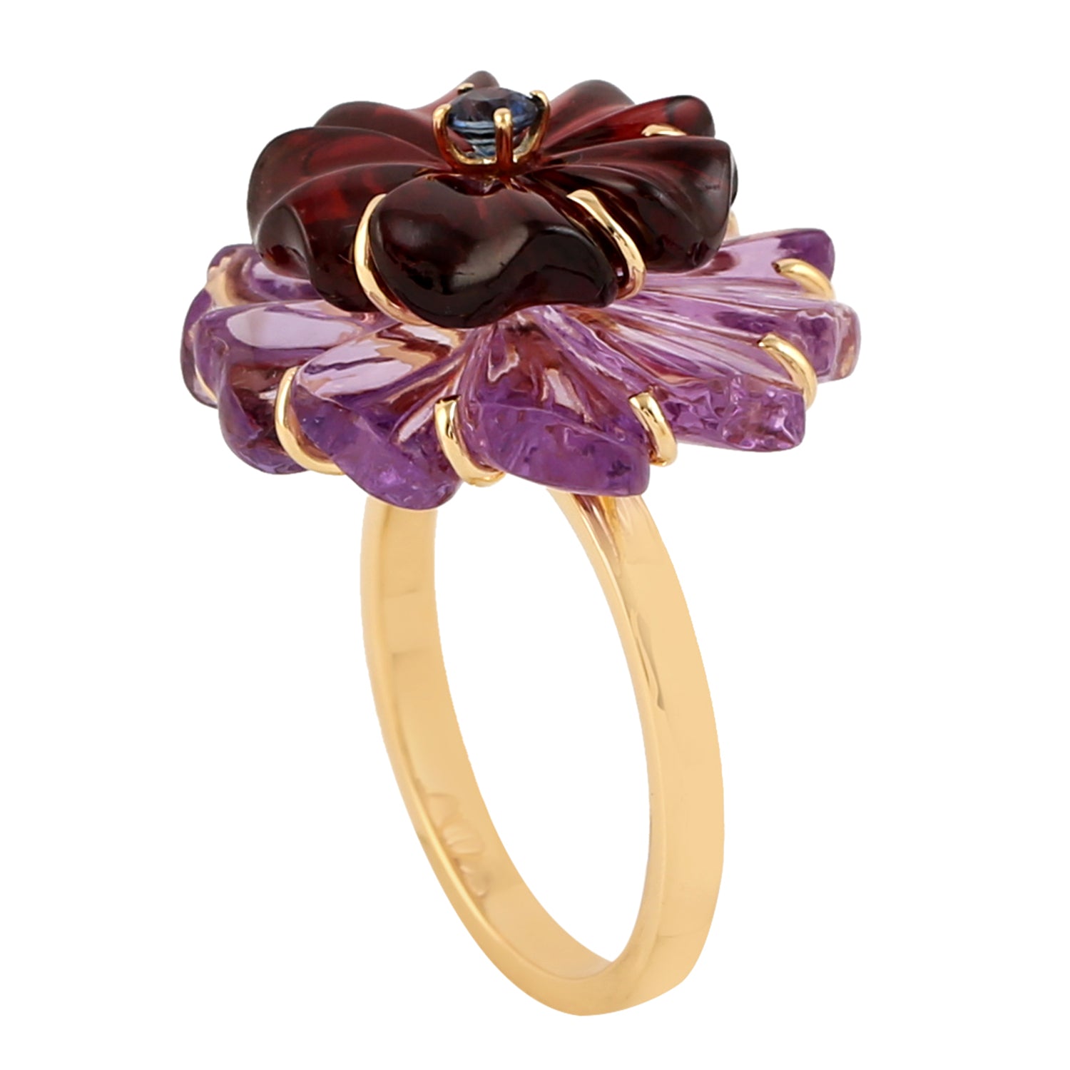 18K Yellow Gold Prong Blue Sapphire Carved Mixed Stone Gemstone Flower Ring for Women - Elegant Vintage Jewelry Gift for Anniversary, Engagement & Special Occasions