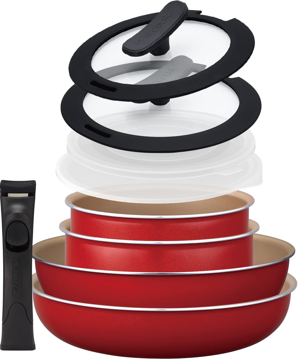 Evercook Nonstick Frying Pan Set - 9-Piece Induction Cookware with Removable Handles, Red - Perfect for Sauteing, Frying & Cooking Family Meals | Doshisha