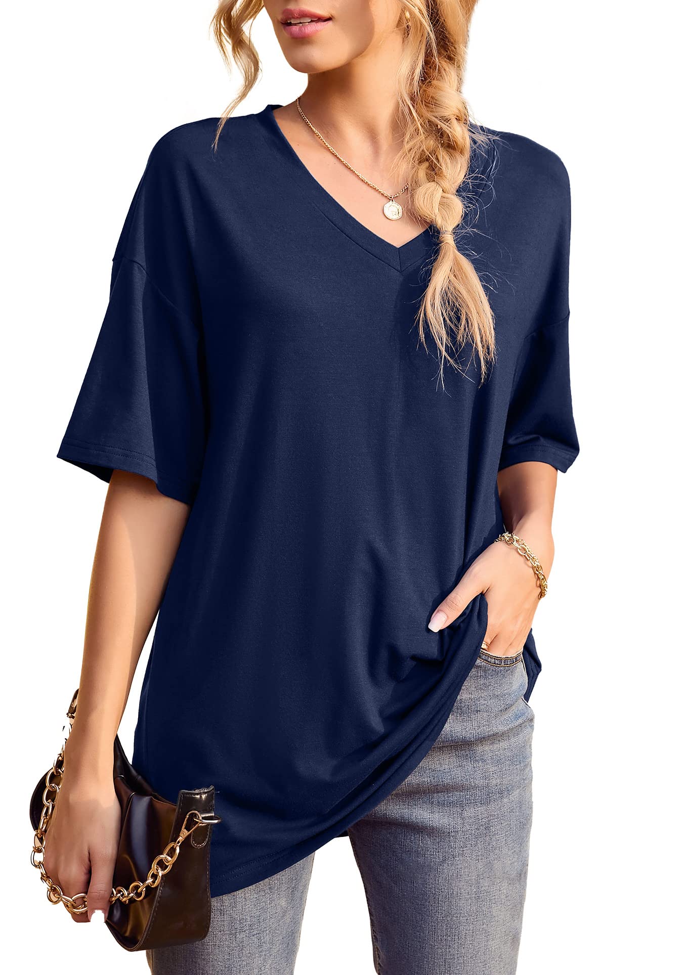 Iandroiy Women's Short Sleeve V-Neck Dolman T-Shirt - Summer Casual Tunic Top for Everyday Wear, Work & Outings