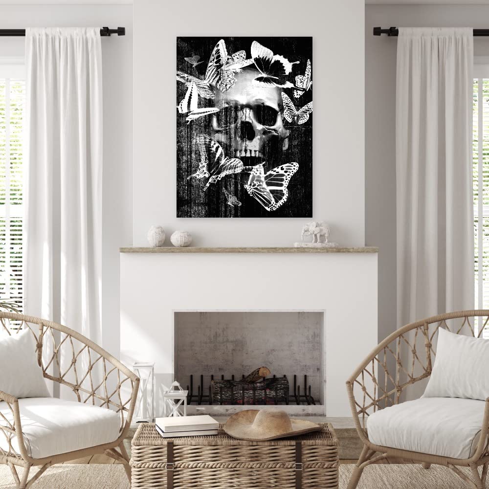 Skull Butterfly Crown Canvas Wall Art - 24x32 Inch Fine Art Print by Artist Incado - Ready to Hang Home Decor for Living Room, Bedroom, Office & More - Gothic Bohemian Style Wall Hanging for Unique Interior Design