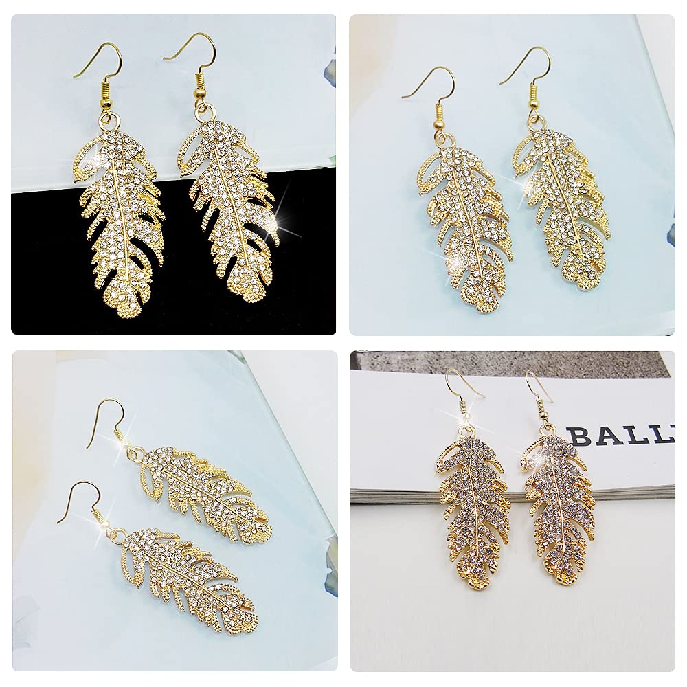 Bohemian Crystal Leaf Dangle Earrings for Women - Long Hanging Feather Leaf Drop Earrings with Metal Links in Gold | Perfect for Boho Fashion, Party Accessories & Everyday Jewelry