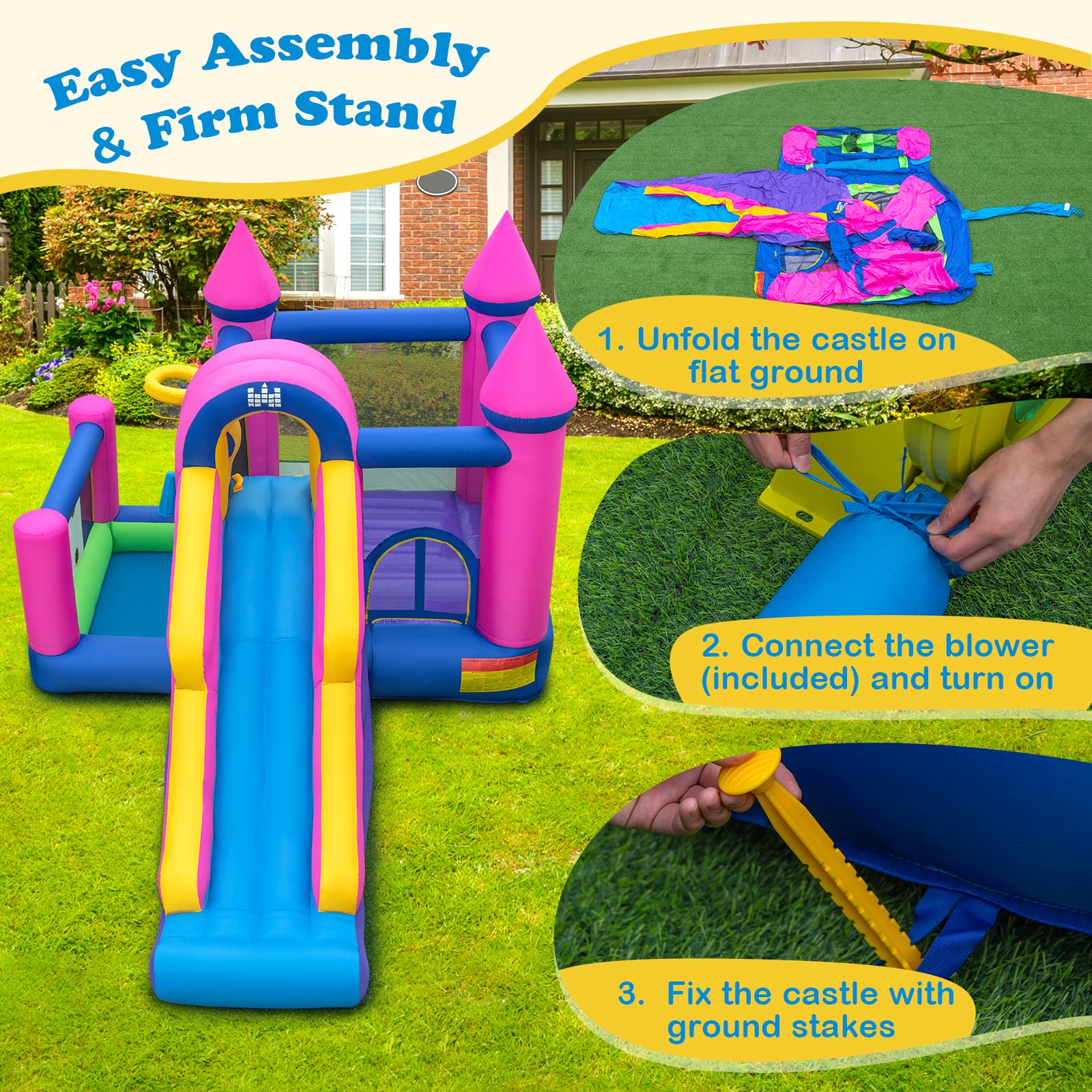 **GLACER Princess Inflatable Bounce House with Slide & Splash Pool – Kids Outdoor Jumping Castle for Backyard, Birthday Parties & Summer Fun – Includes Repair Kit, Ground Stakes & 735W Blower**