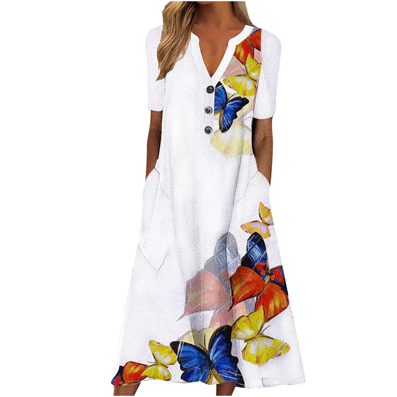 NIUQI Women's Floral Summer Casual Button V-Neck Sleeveless Midi Dress with Pockets - Perfect for Beach Parties, Vacations & Holiday Outings