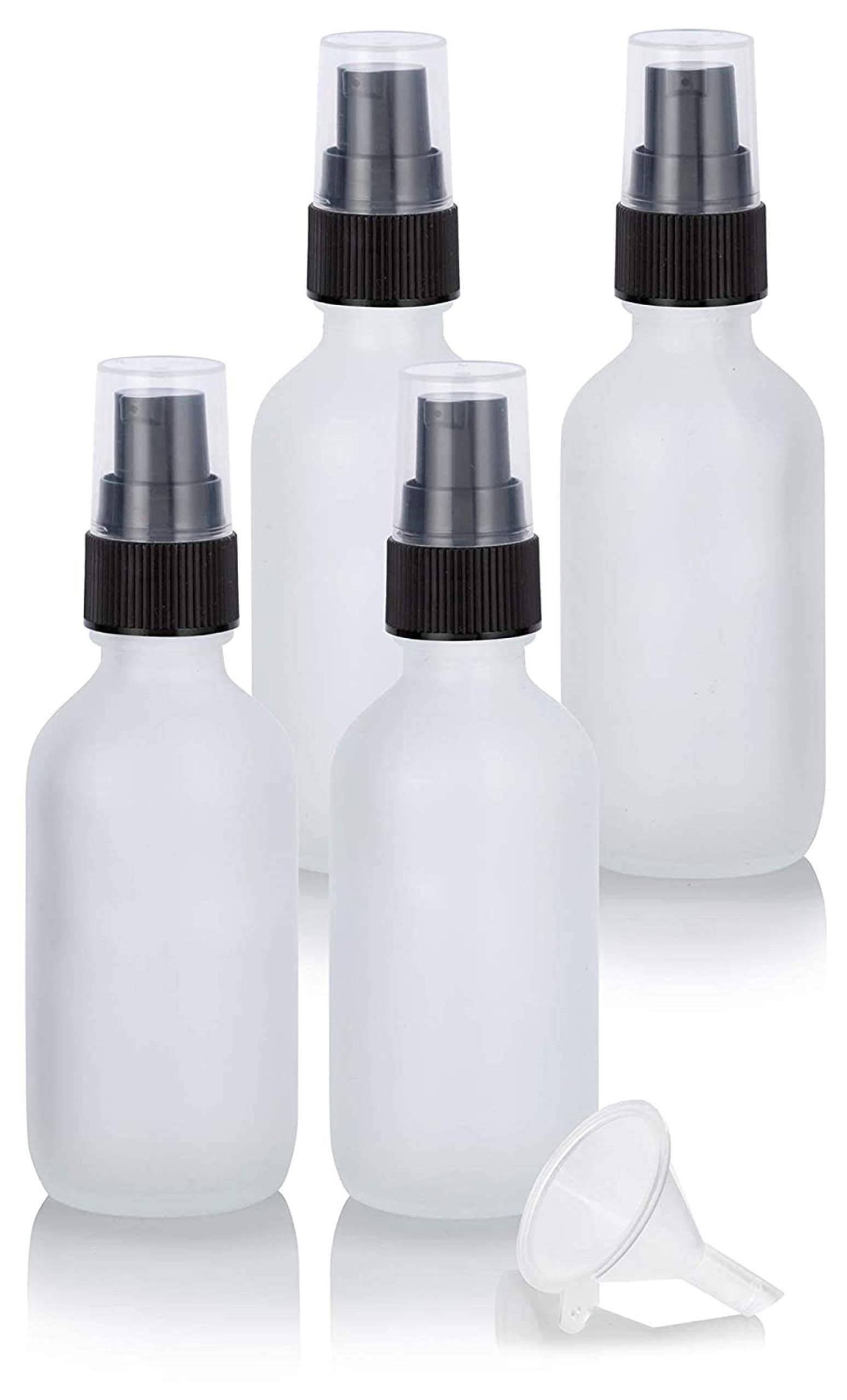 JUVITUS 4-Pack 2 oz Frosted Clear Glass Boston Round Bottles with Black Treatment Pump & Funnel - Essential Oil, Lotion, and Cosmetic Storage Solution for Home, Salon, and Travel