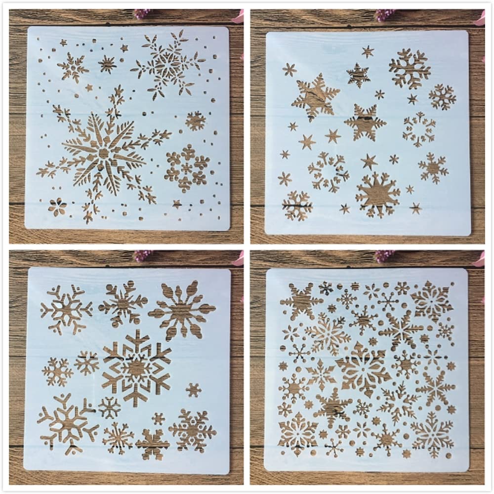4Pcs Reusable Snowflake Stencils for Painting - 20x20cm Winter DIY Templates for Scrapbooking, Furniture, Wall & Floor Decor - Perfect for Holiday Home Decoration & Craft Projects