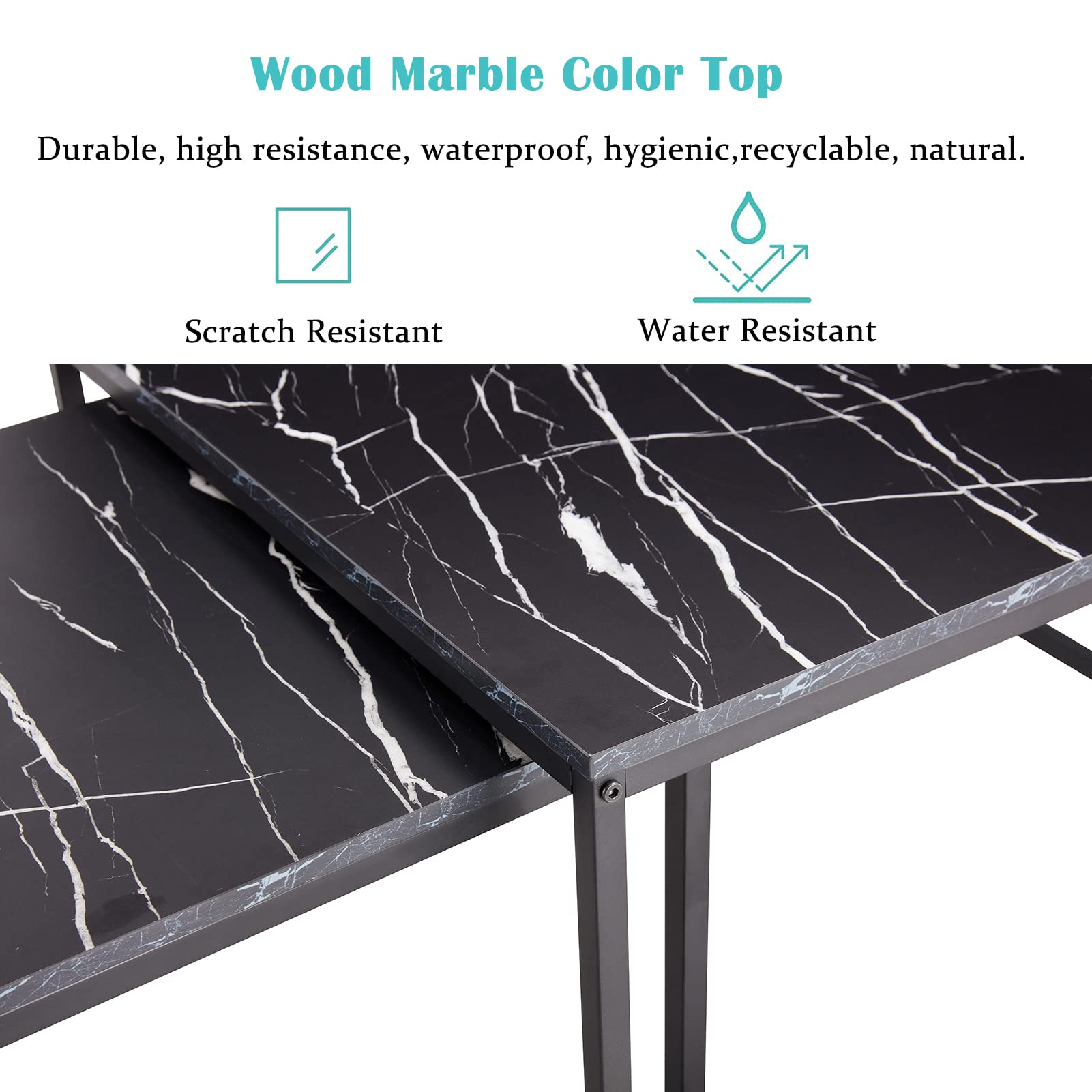 Modern Nesting Coffee Table Set of 2 - Faux Marble End Tables with Sturdy Metal Frame, Rectangle Cocktail Tables for Living Room, Bedroom or Home Office | Perfect for Small Spaces, TV Snacking and Stylish Home Decor