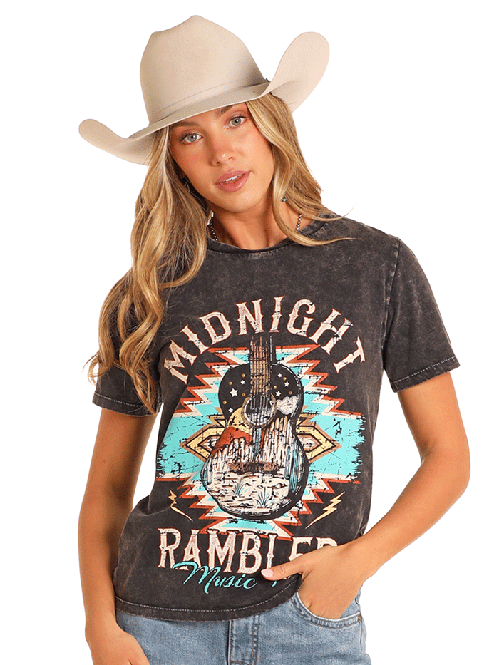 Rock & Roll Denim BW21T04542 Women's Midnight Rambler Graphic Tee Black - Vintage Band T-Shirt for Concerts & Casual Wear