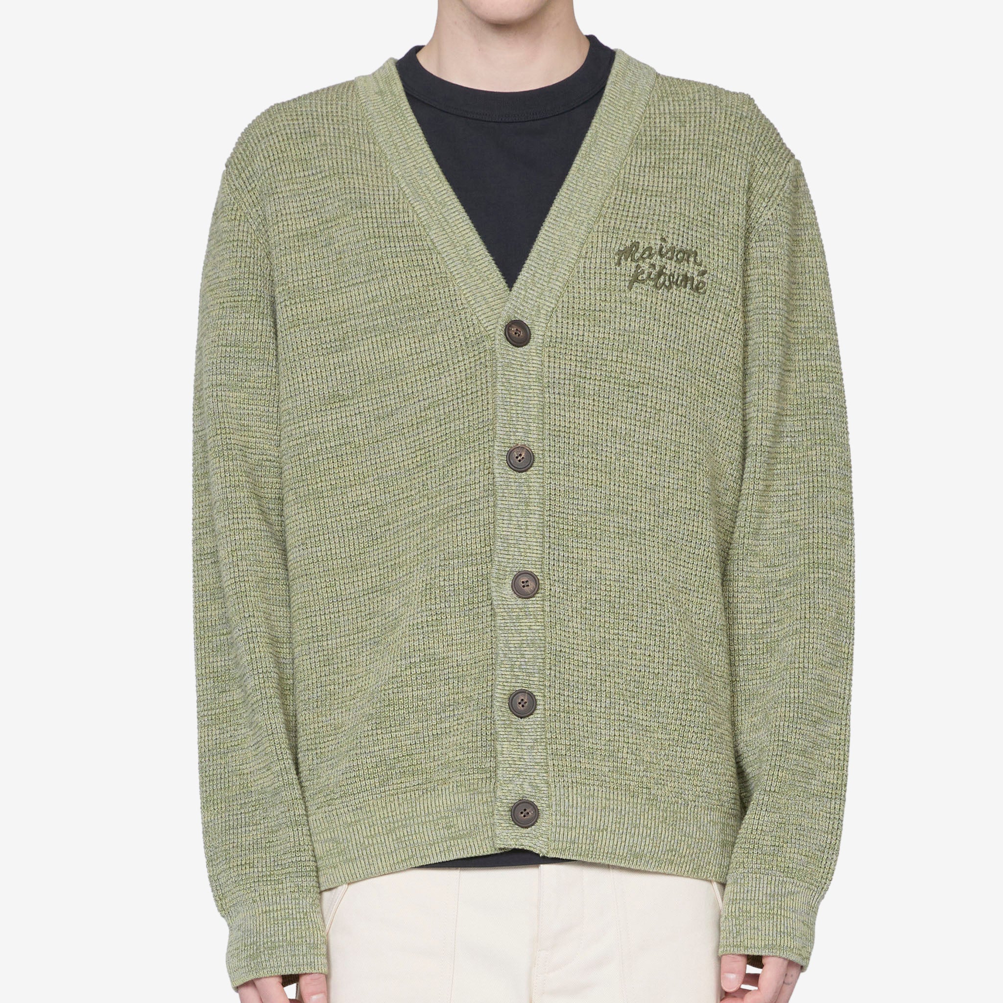 Maison Kitsuné Handwriting Comfort Cardigan - Soft Knit Sweater for Women in Khaki Green Melange - Perfect for Casual Outings and Cozy Evenings