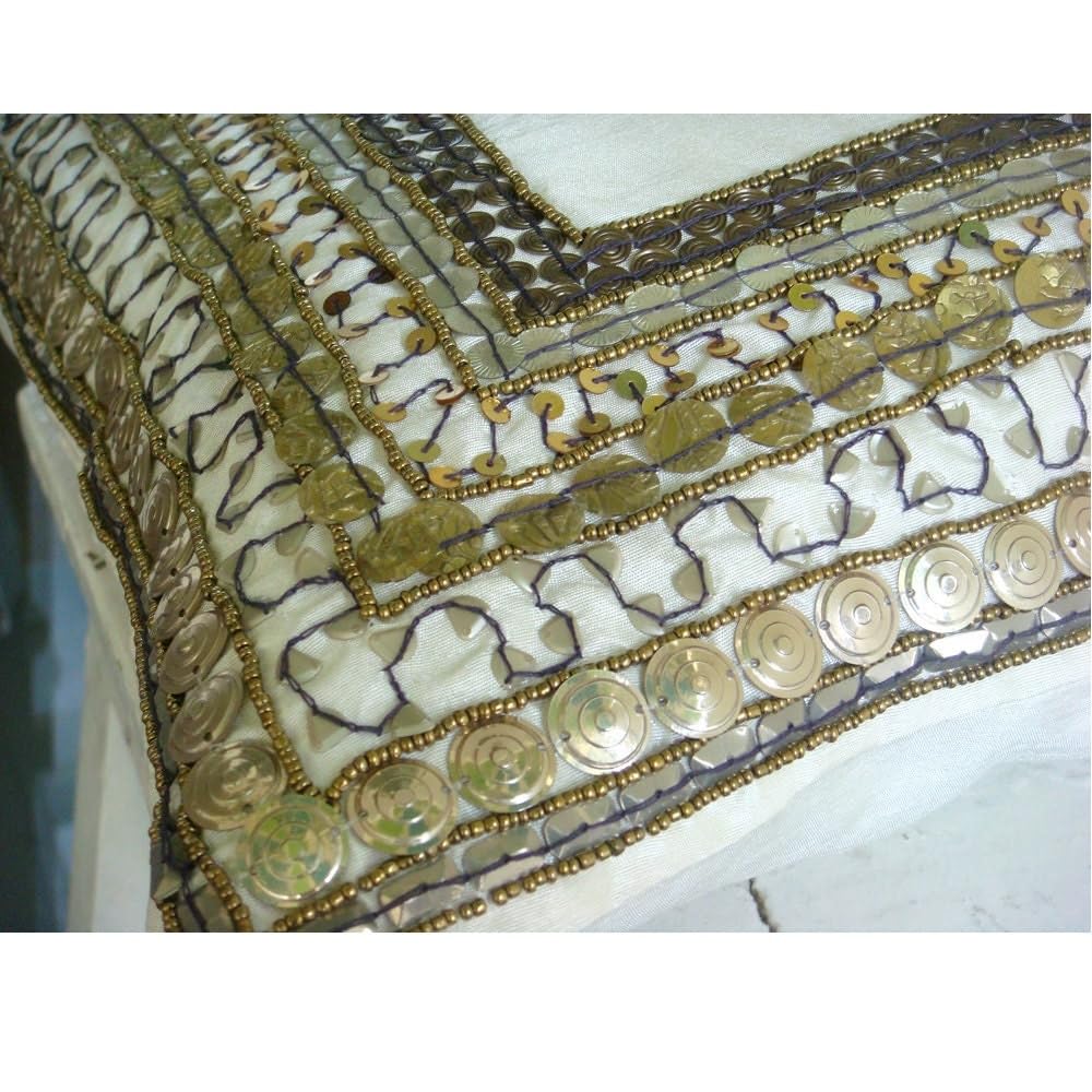 3D Sequins Ivory Throw Pillow Covers 14x14 Inch - Luxury Silk Square Decorative Pillow Cases with Embroidered Border for Sofa, Bedroom & Living Room Decor