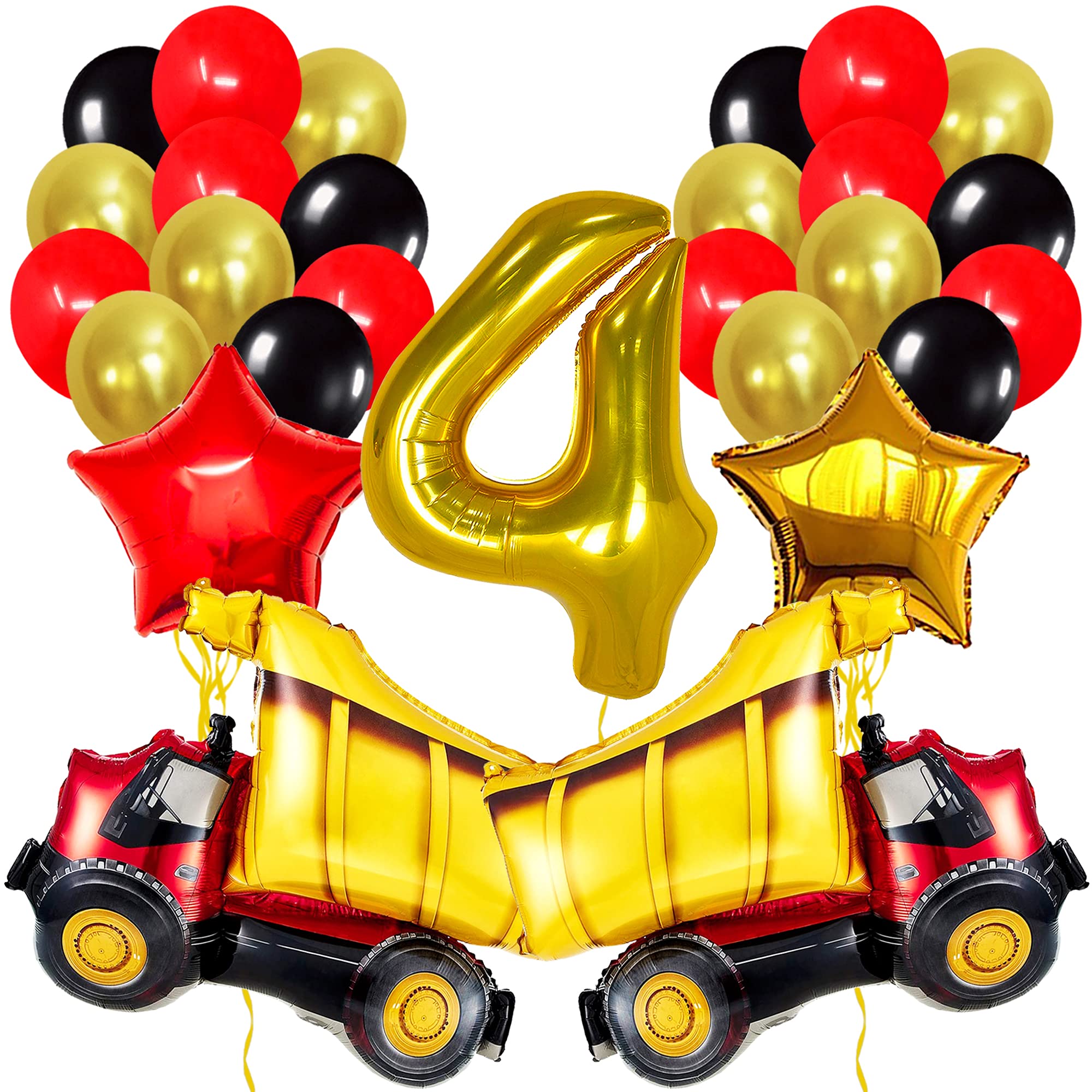 40 Inch Jumbo Construction Balloons - 26 Piece Set with Gold Number 4 & Truck Balloons | Birthday Party Decorations for Boys | Perfect for Construction Themed Parties, 4th Birthday Celebrations & Kids Events