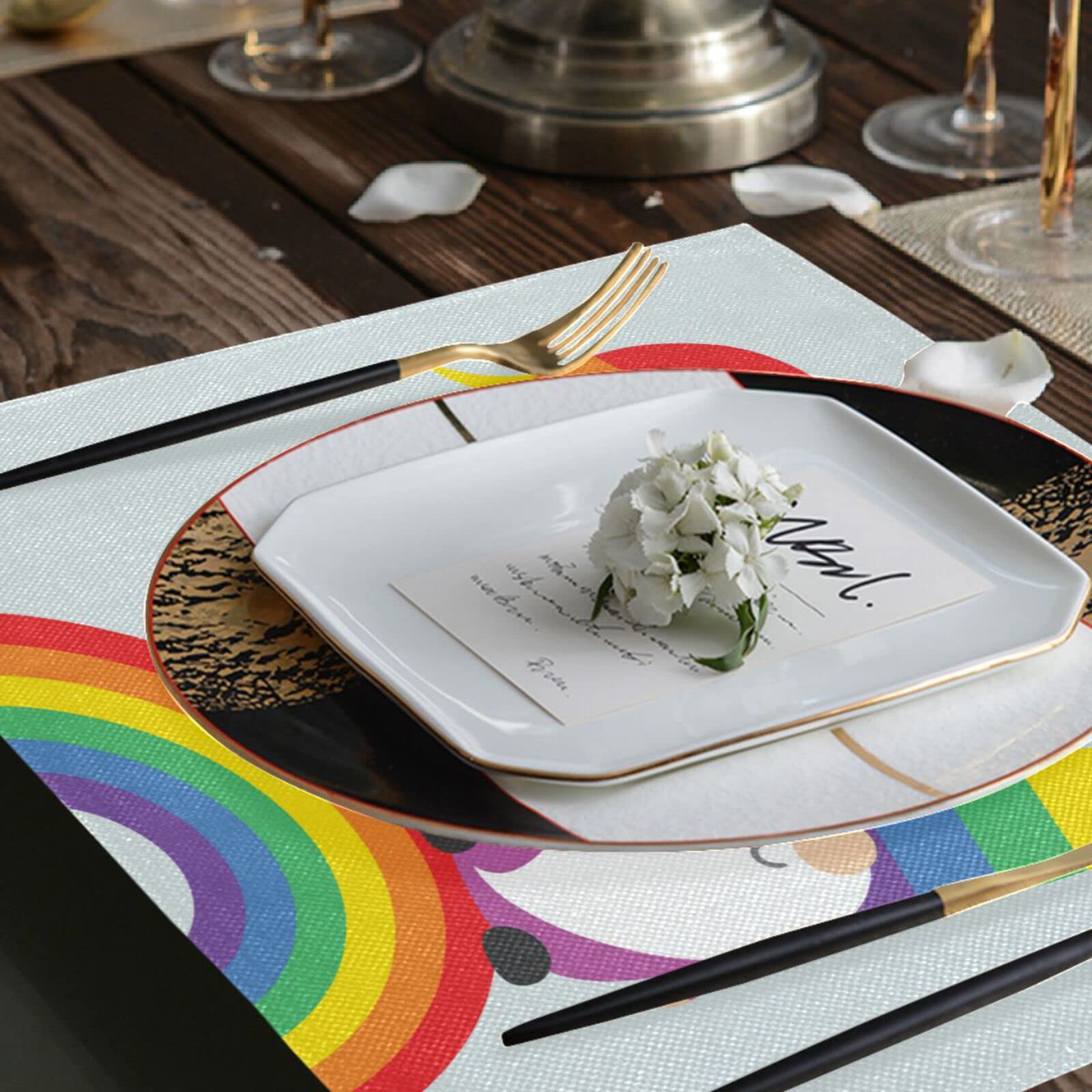 Rainbow Pride Placemats Set of 4 - LGBT Gnome Valentine Themed Washable & Heat Resistant Kitchen Table Mats 12x18 Inch - Perfect for Dining, Parties & LGBTQ+ Celebrations