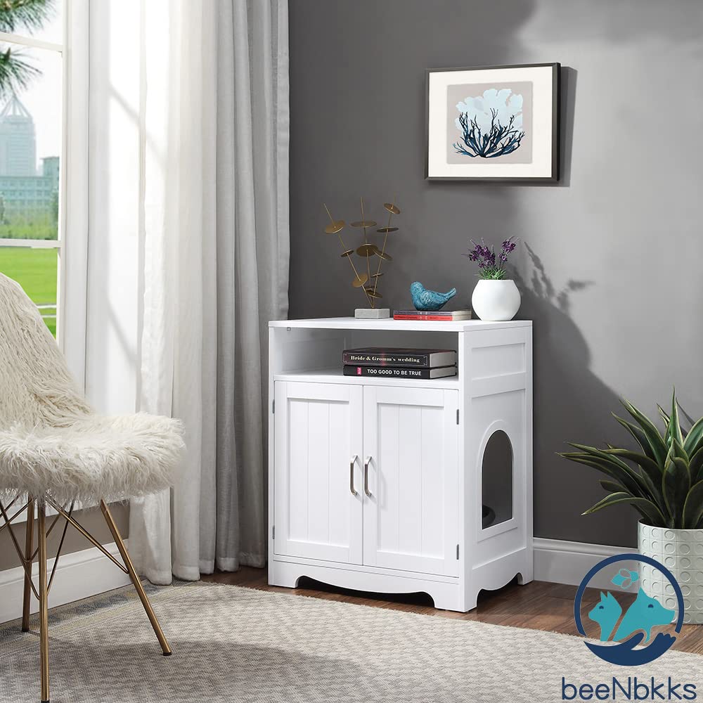 BeeNbkks Wooden Cat Litter Box Furniture - Hidden Washroom Enclosure with Cat House Nightstand, Indoor Pet Cabinet Crate for Home Decor | Perfect for Living Rooms, Bedrooms & Small Spaces