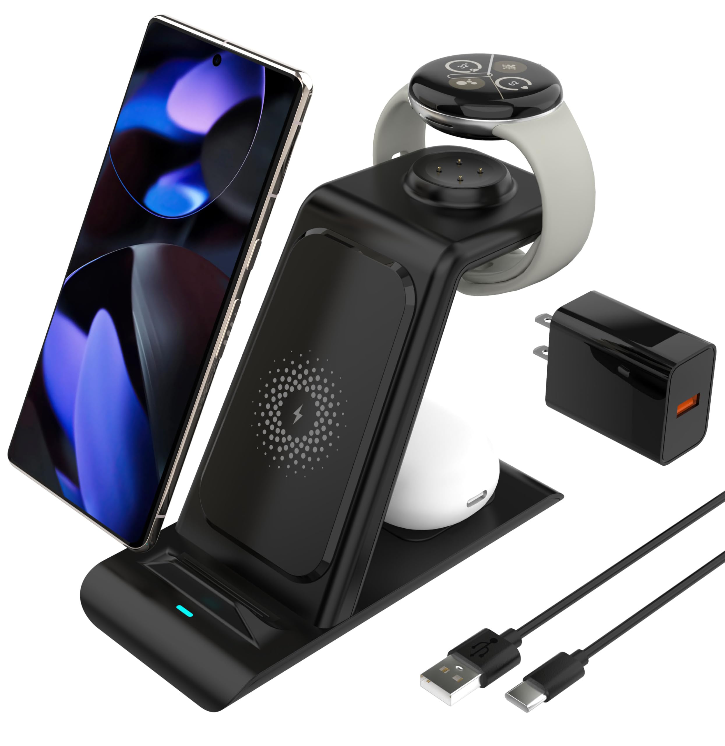 HATALKIN 3-in-1 Wireless Charging Station for Google Pixel Watch 3/2, Pixel 9/8/7/XL & Pixel Buds Pro/2 - Fast Wireless Charger Stand with Adapter for Multiple Devices (Not for Pixel Watch 1) | Perfect for Home, Office & Travel Charging