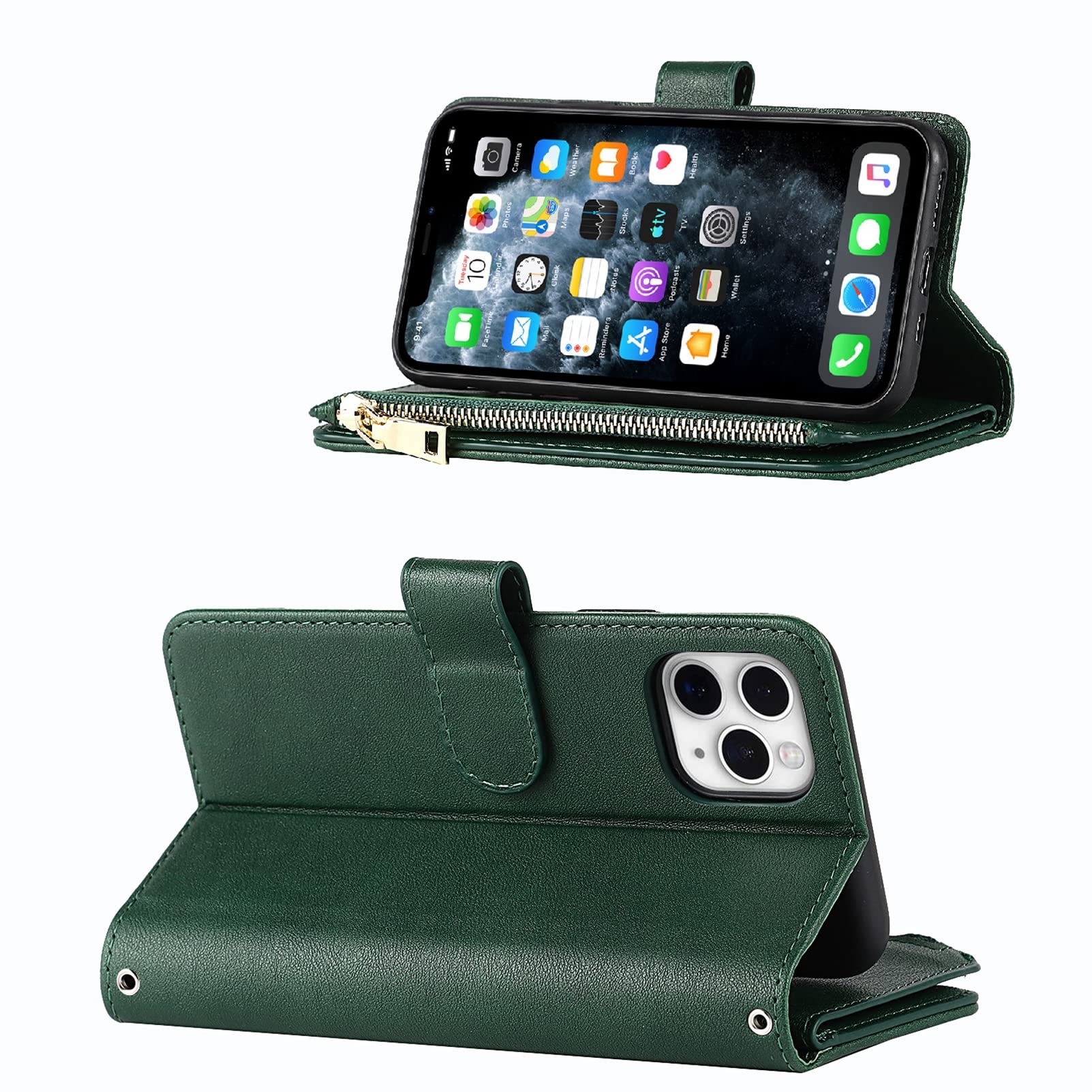 Jaorty iPhone 11 Pro Max Wallet Case (6.7 Inch) - PU Leather Phone Case with Card Holder, Zipper Pocket & Adjustable Strap - Dark Green - Perfect for Everyday Use, Travel & Hands-Free Convenience