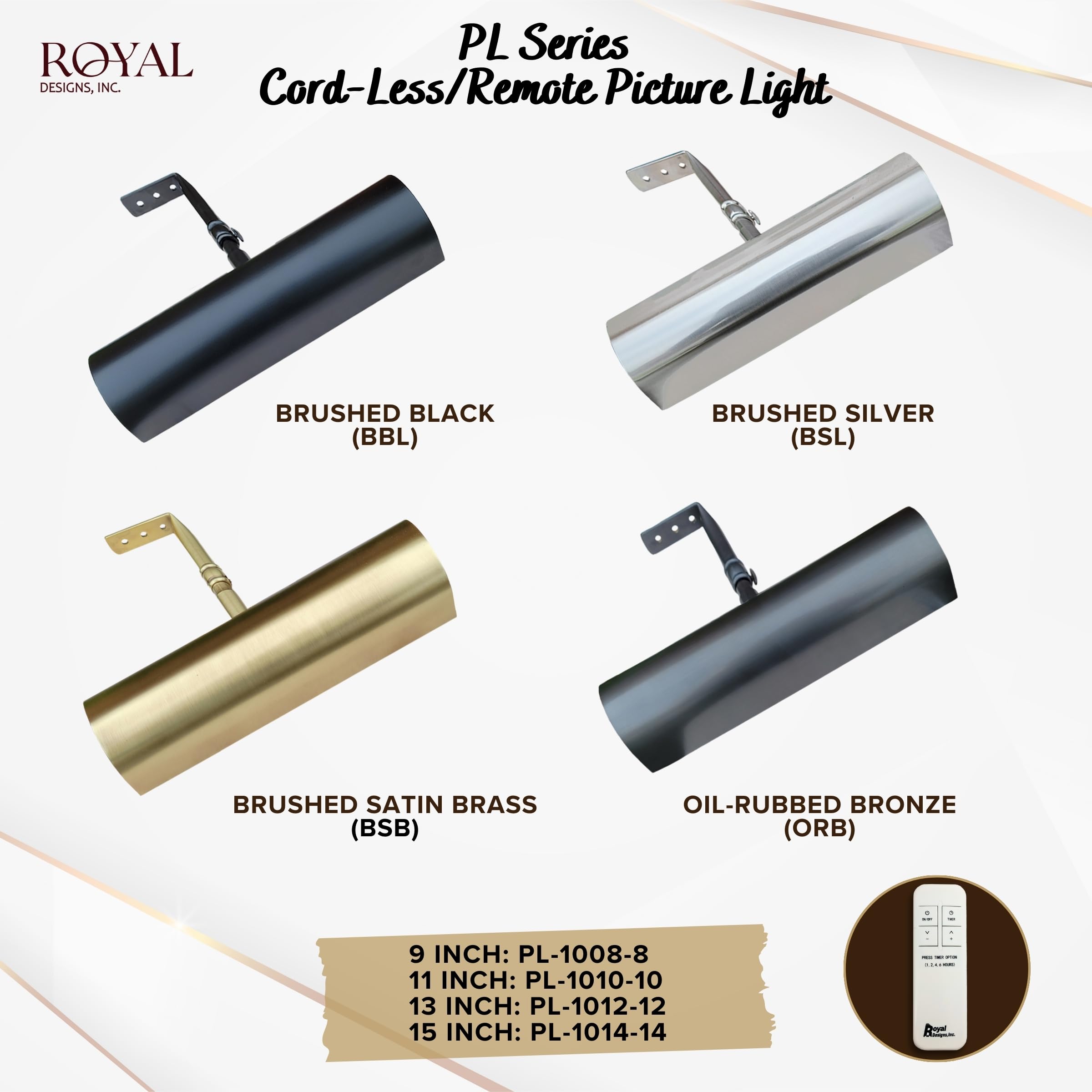 Royal Designs Plug-in Picture Light - 12 ft Cord with Hi/Low/Off Switch, Brushed Satin Brass Gallery Lighting for Artwork & Wall Decor (8.75 Inch) - Perfect for Home, Office & Museum Display
