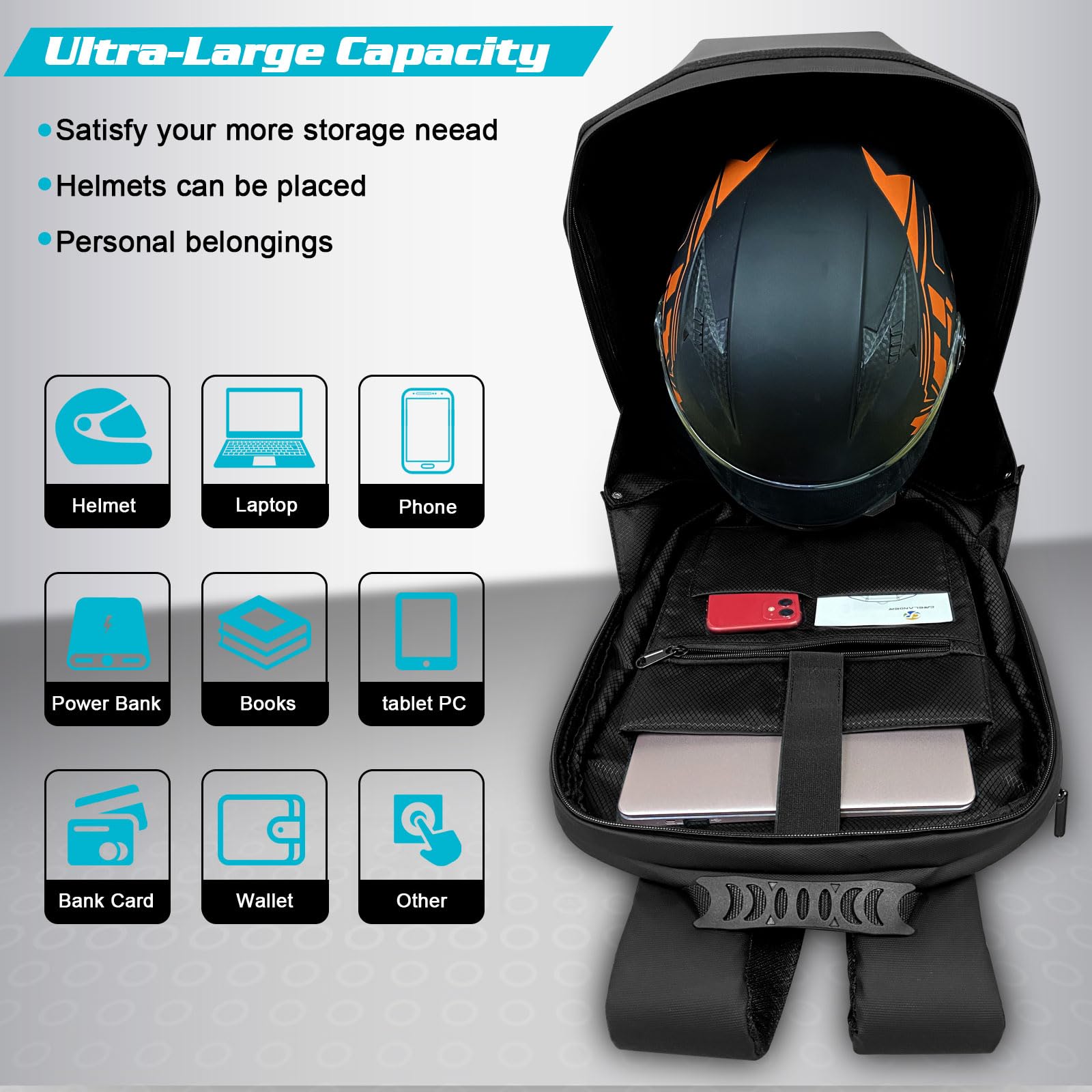 Programmable LED Motorcycle Backpack with Helmet Storage - Waterproof Laptop Shoulder Bag for Commuting, Travel & Night Riding (Large Size)