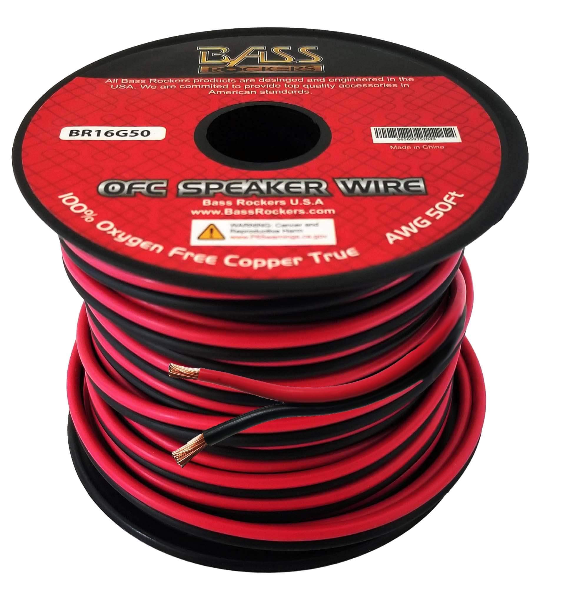 Premium 16 AWG Oxygen-Free Copper (OFC) Speaker Wire - 50FT Spool with Red & Black Coating - High-Flexibility Power Cable for Home Theater, Car Audio & Professional Sound Systems - Bass Rockers BR16G50