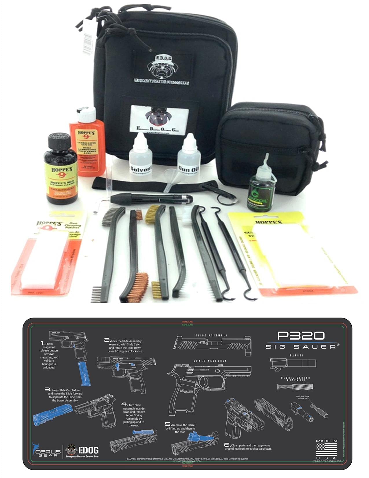 **RangeMaster Elite EDC Bag Gun Cleaning Kit for Sig P320 – Complete 10-Piece Pistol Cleaning Set with Hoppes No.9 Solvent, Patches & Clenzoil CLP – Includes Step-by-Step Instructional Mat – Perfect for Range Days, Home Maintenance & Tactical Training**