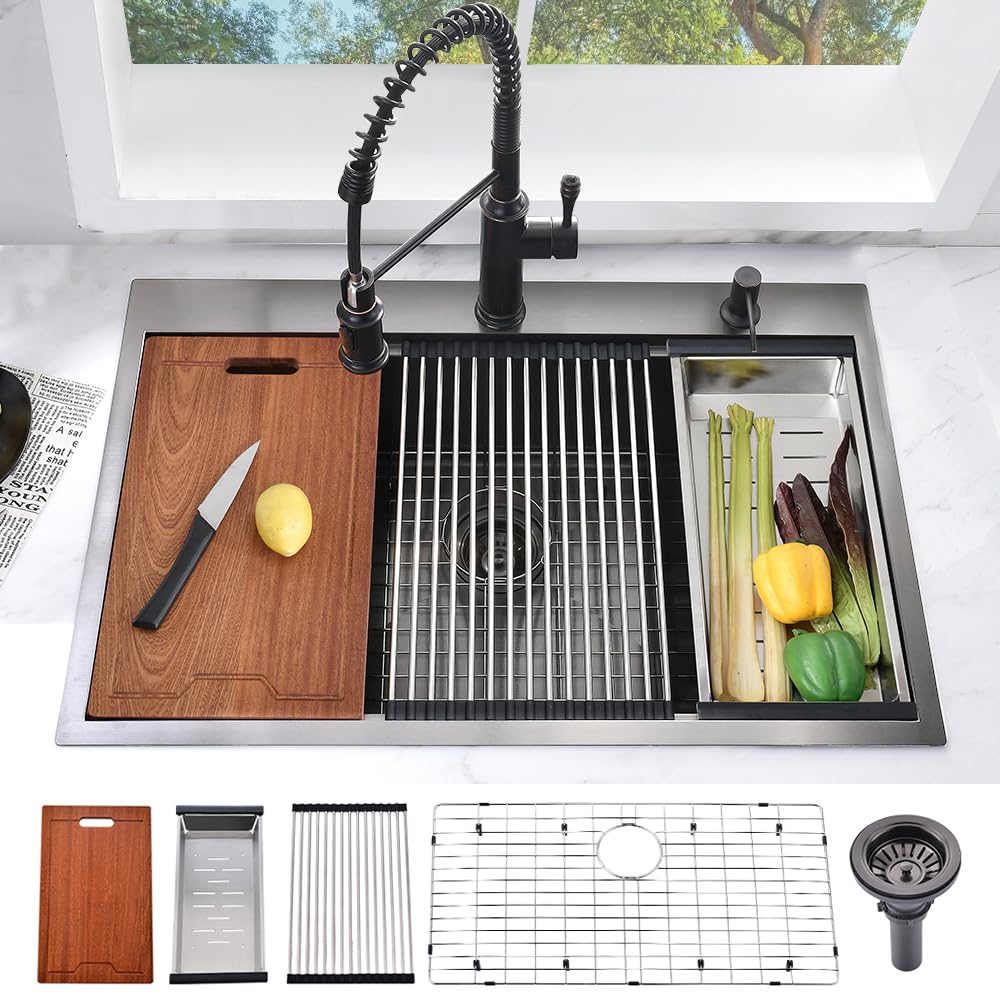 30 Inch Black Drop-In Kitchen Sink Workstation - Bokaiya 30x22 Black Stainless Steel Topmount 16 Gauge Deep Single Bowl Sink with Cutting Board & Strainer - Perfect for Modern Kitchens, Food Prep, and Dishwashing
