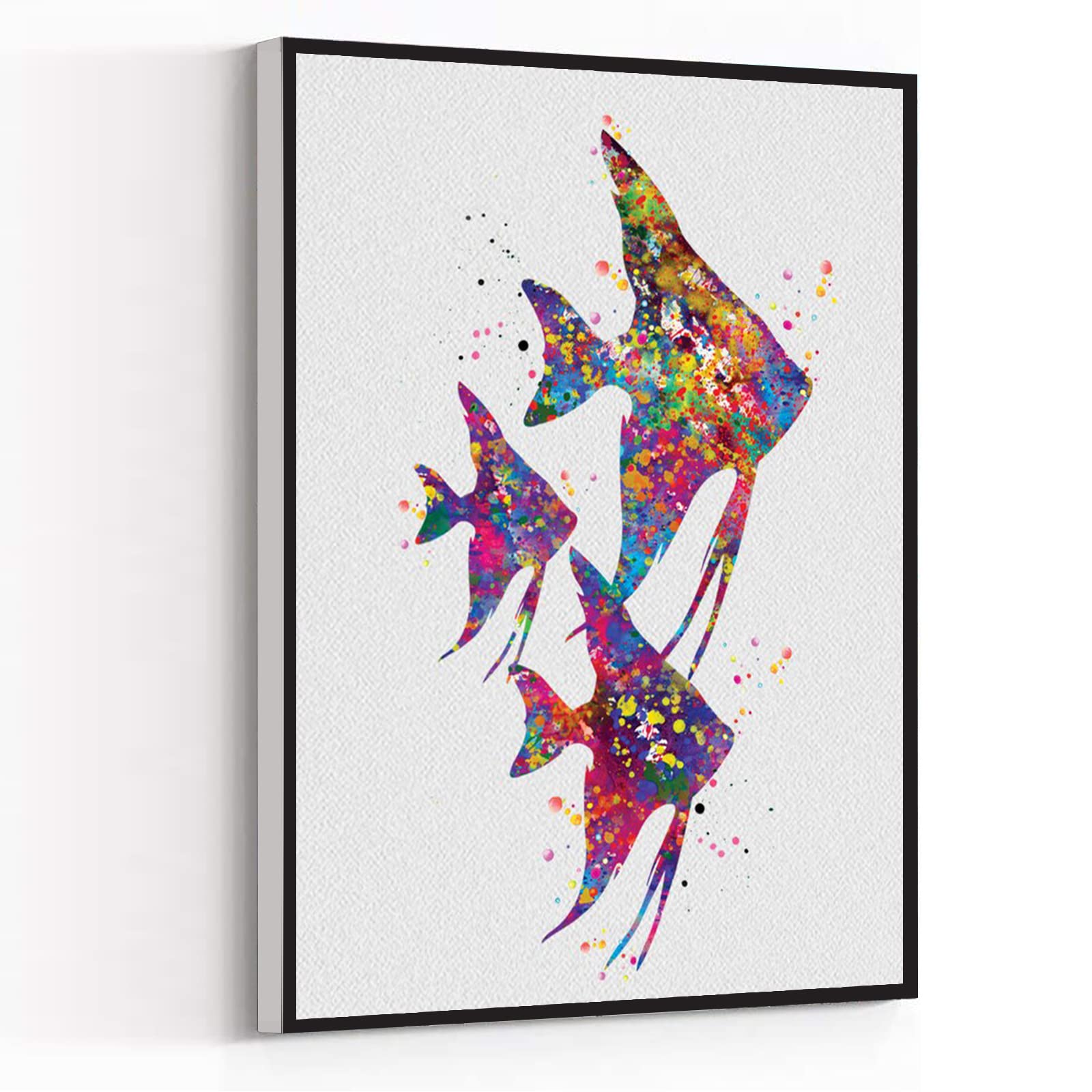 Angelfish Family Watercolor Print - Framed Sea Life Wall Art for Coastal Decor (16x24 Inch) | Perfect for Living Room, Bedroom & Office | Dad Mom Kid Gift Idea | Modern Canvas Home Decor