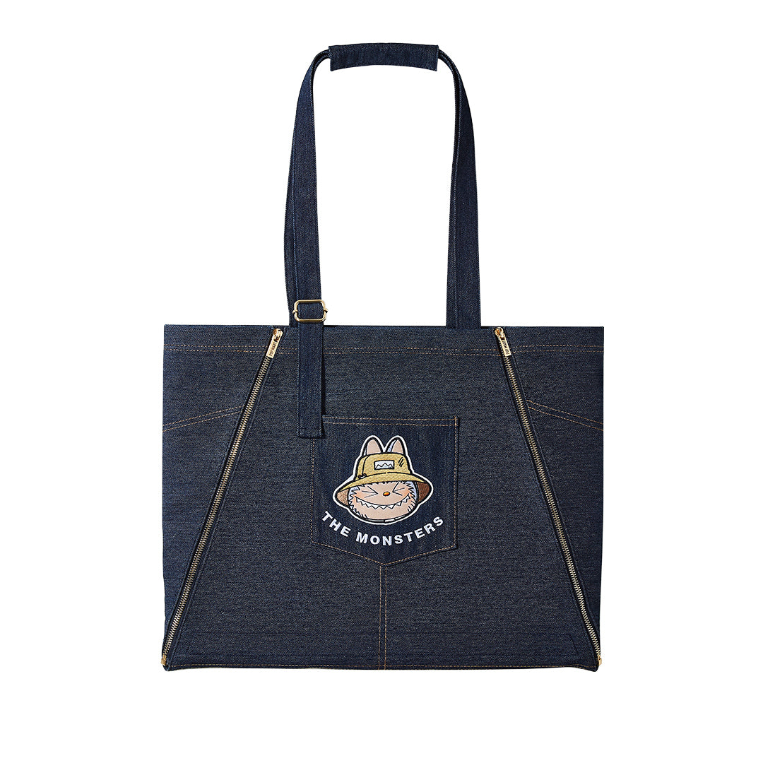 POP MART LABUBU The Monsters Denim Tote Bag & Apron Set - Cute Kawaii Anime Crossbody Shoulder Bag for Women, Perfect for Shopping, Picnics, and Cosplay Events