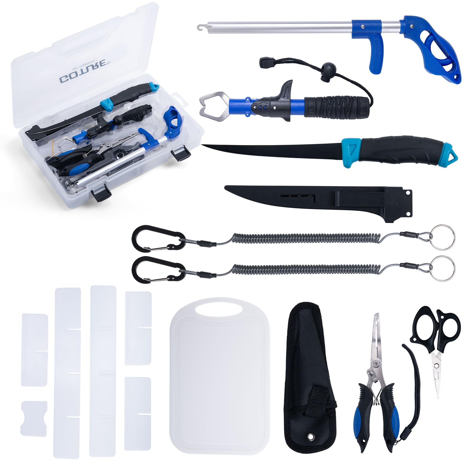 Goture 8PCS Fishing Tool Kit - Stainless Steel Fishing Pliers with Sheath, Fillet Knife, Fish Lip Gripper, Hook Remover, Lanyard, Cutting Board, Line Scissors - Fishing Gear Tackle Box with Dividers - Perfect Fishing Gifts for Men, Dad, Anglers - Ideal for Freshwater & Saltwater Fishing, Camping, Outdoor Adventures