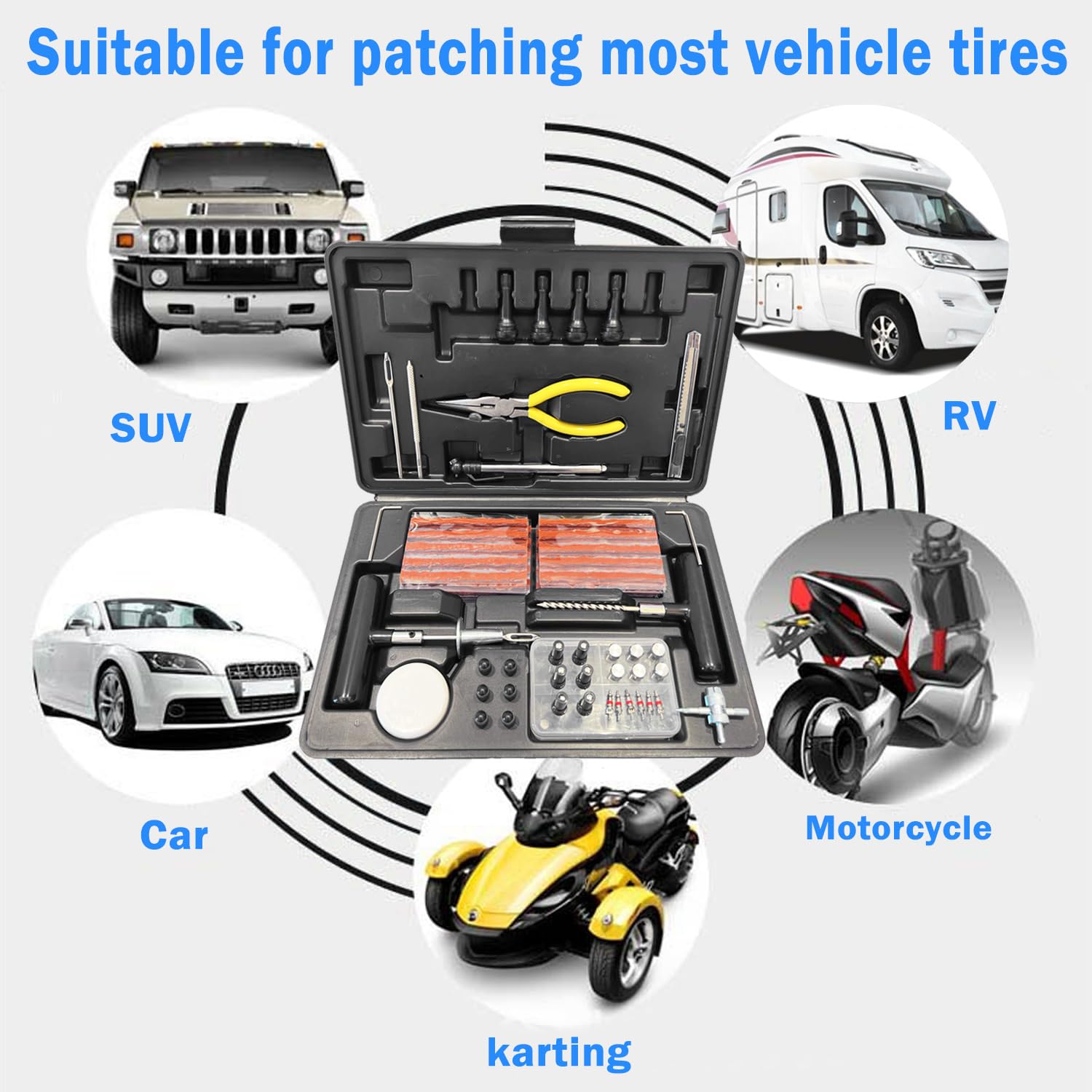 91-Piece Universal Tire Plug & Repair Kit for Cars, Trucks, SUVs, RVs, ATVs, Motorcycles, Tractors & Trailers – Emergency Flat Tire Puncture Fix for On-the-Road Repairs & Roadside Assistance