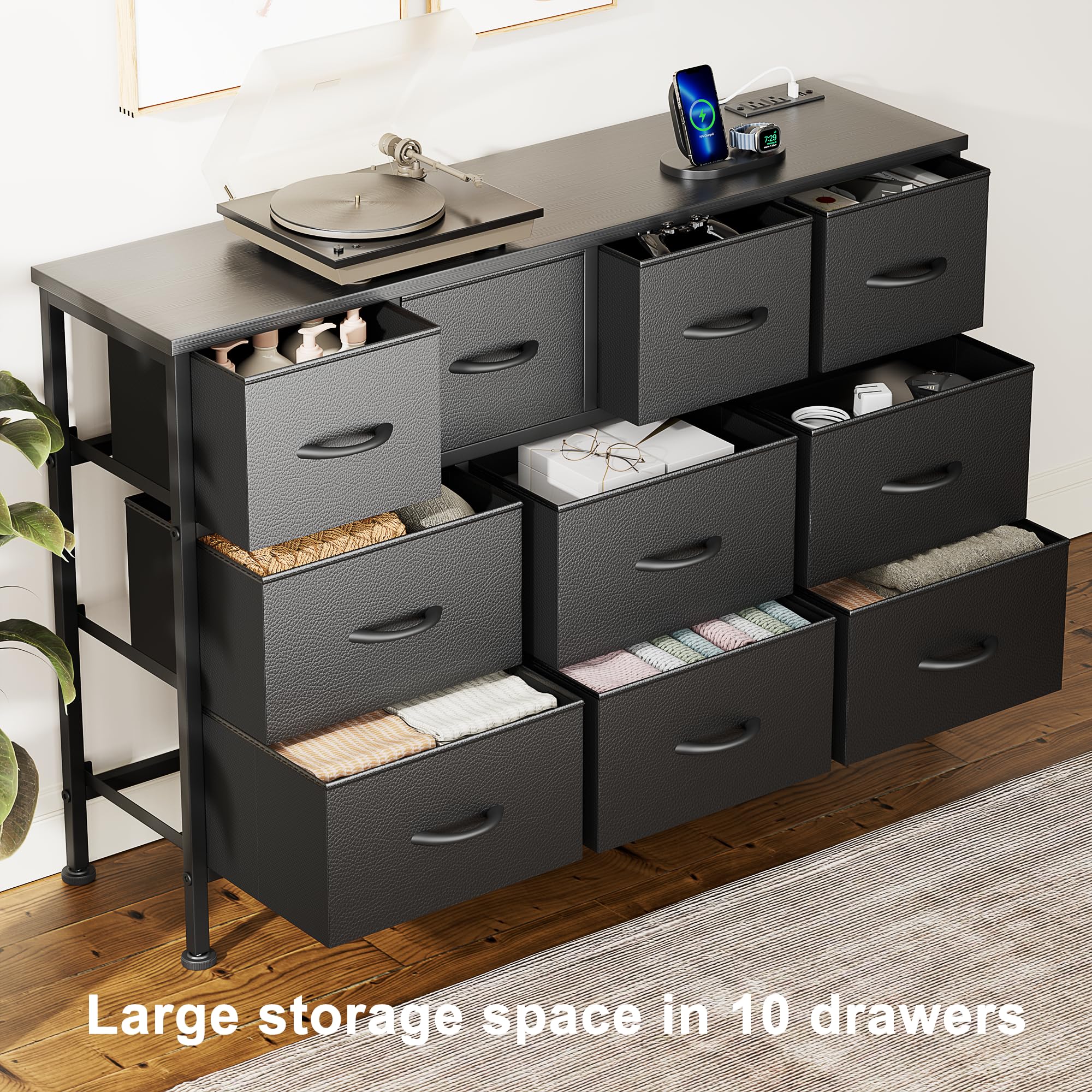 Lulive 10-Drawer Black Dresser for Bedroom - Tall TV Stand with Power Outlet & Storage, Modern Chest of Drawers Entertainment Center Fits 55 Inch Flat Screen TV - Wide Fabric Dresser for Clothes, Toys & Home Organization (Black) - Perfect for Living Room, Bedroom & Dorm Storage Solutions