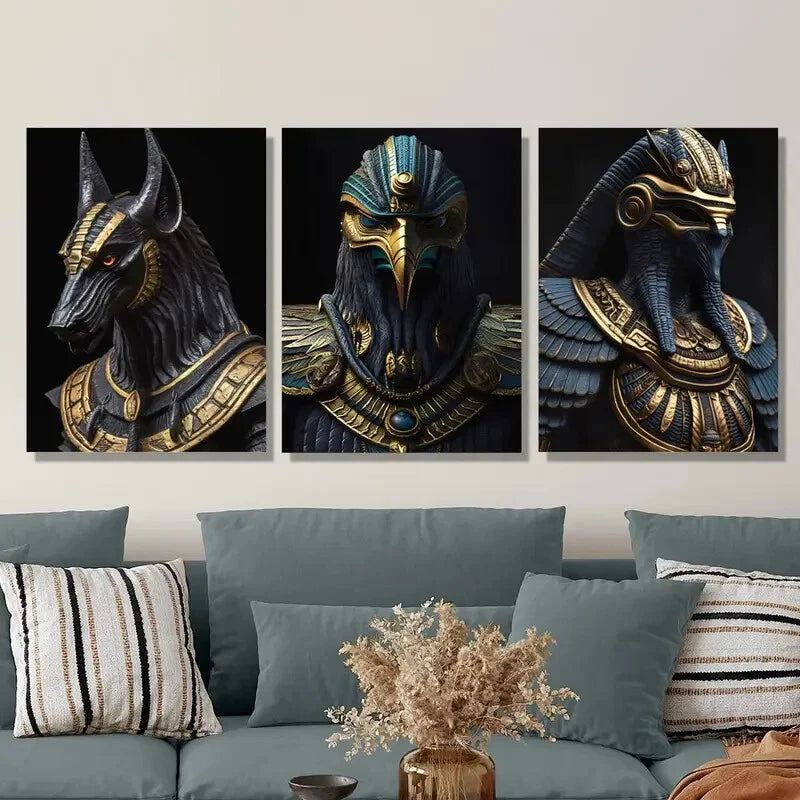 3PCS Egyptian Mythology Golden Pharaoh & Anubis Metal Wall Art - Premium Ready to Hang Decor for Living Room, Bedroom & Office