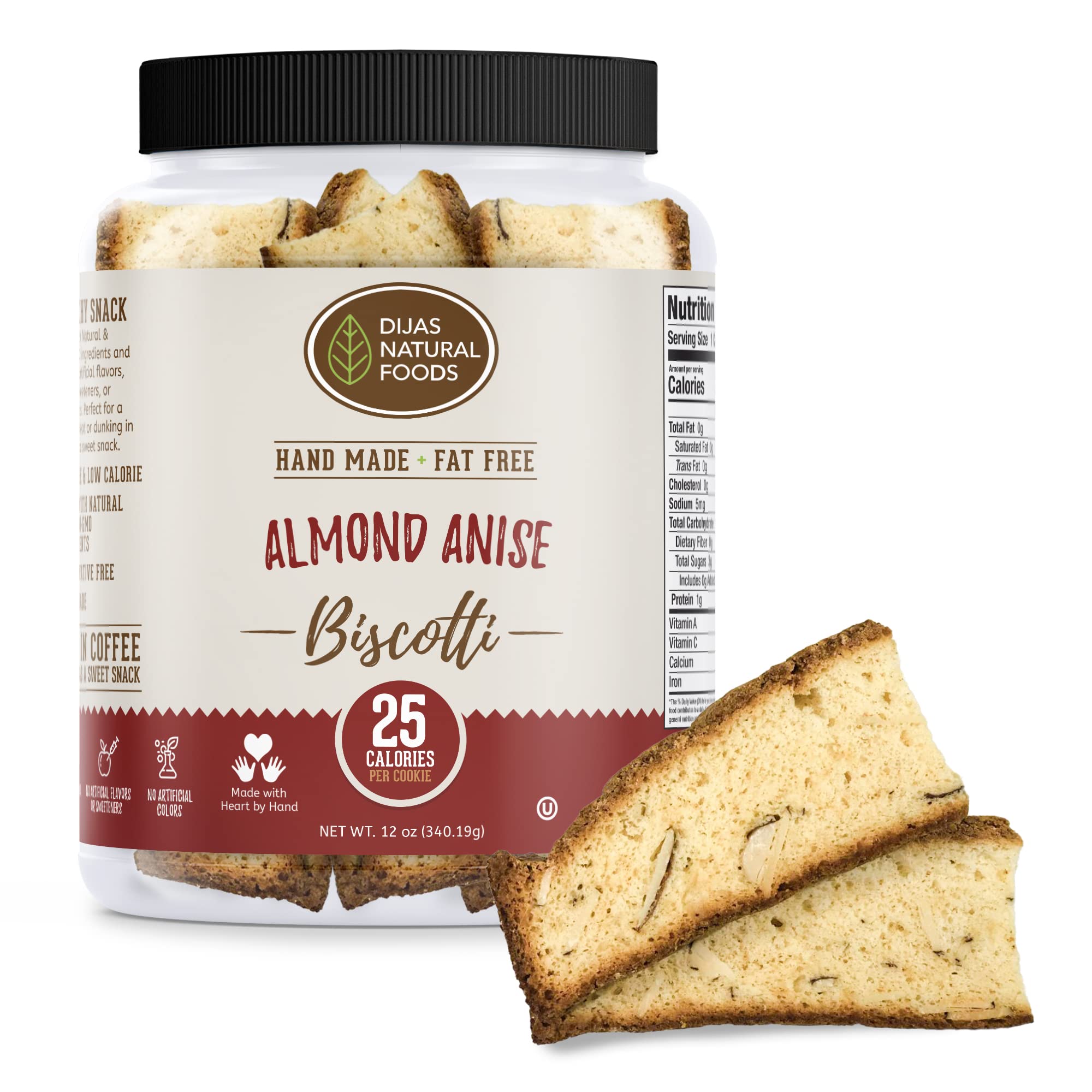 DIJAS Natural Fat Free Biscotti Cookies - Individually Wrapped, Preservative Free, Low Calorie Snack (12oz, Almond Anise) | Perfect for Office Snacks, Gift Baskets & Healthy Desserts