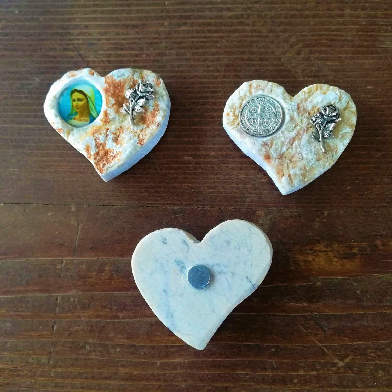 Medjugorje Stone Heart Fridge Magnet Set - St Benedict & Virgin Mary Religious Gifts for Catholic Baptism, Wedding Favors, Housewarming - Perfect for Home Decor, Kitchen, Office & Spiritual Spaces