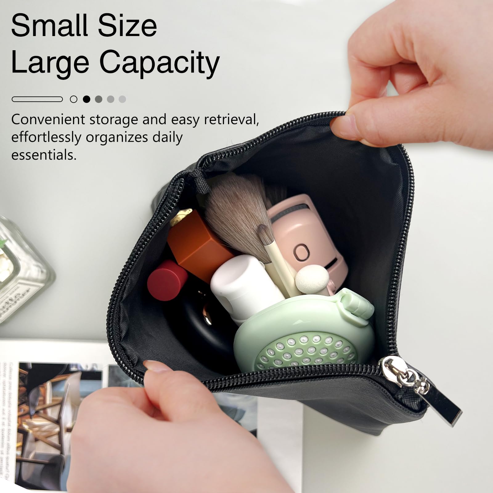 Compact Vegan Leather Makeup Bag for Travel | Small Zippered Cosmetic Pouch for Women | Black | Perfect for On-the-Go Essentials & Airplane Carry-On