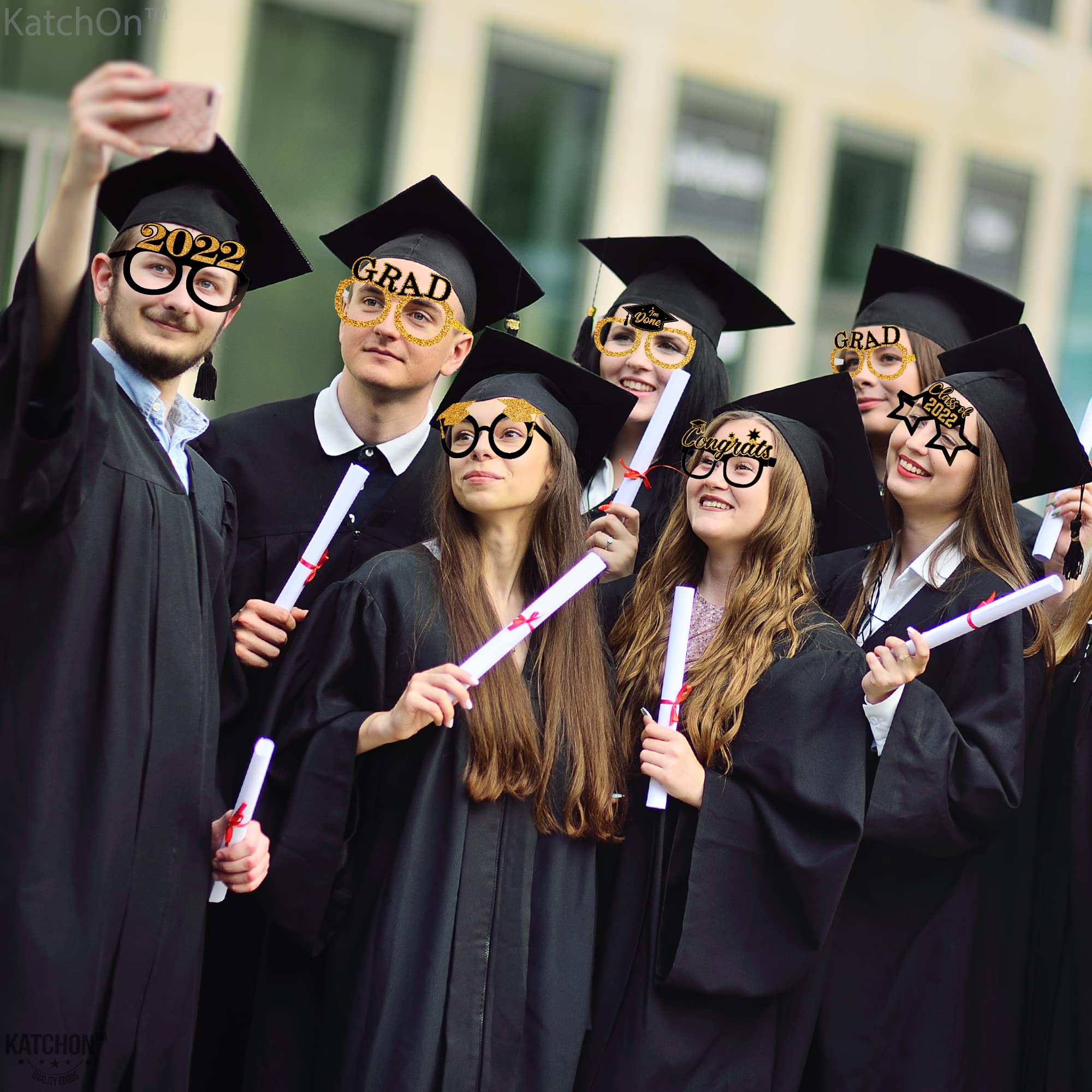 2024 Graduation Party Glasses - Pack of 12 | Black & Gold Grad Party Decorations | Photo Booth Props & Party Favors | Perfect for Graduation Celebrations, Photo Shoots & School Events