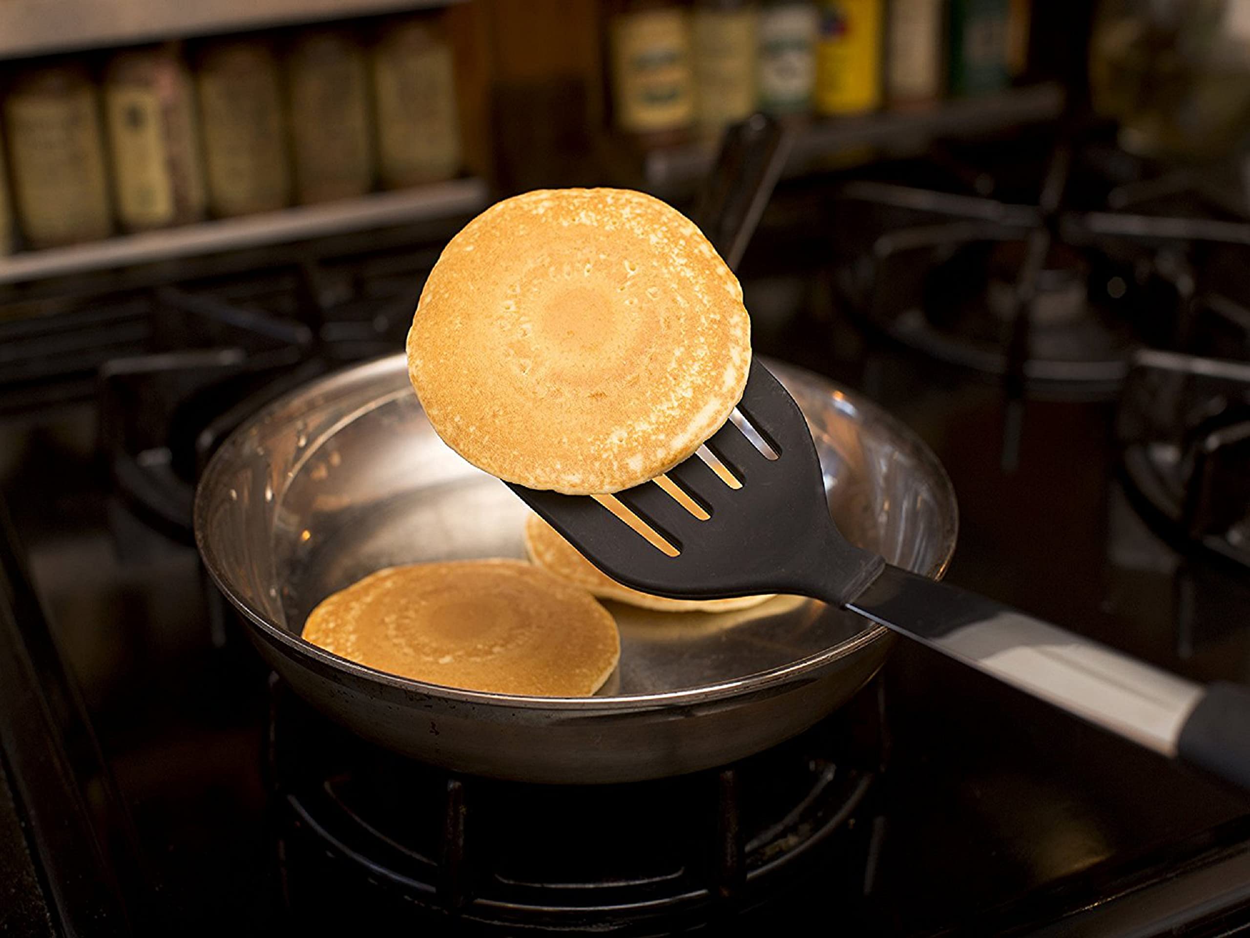 Heat-Resistant Silicone & Stainless Steel Spatula - Slotted Turner with Rubber Grip - Flexible Kitchen Tool for Non-Stick Cookware - Perfect for Flipping Pancakes, Eggs & Burgers - Durable Cooking Utensil for Baking & Grilling