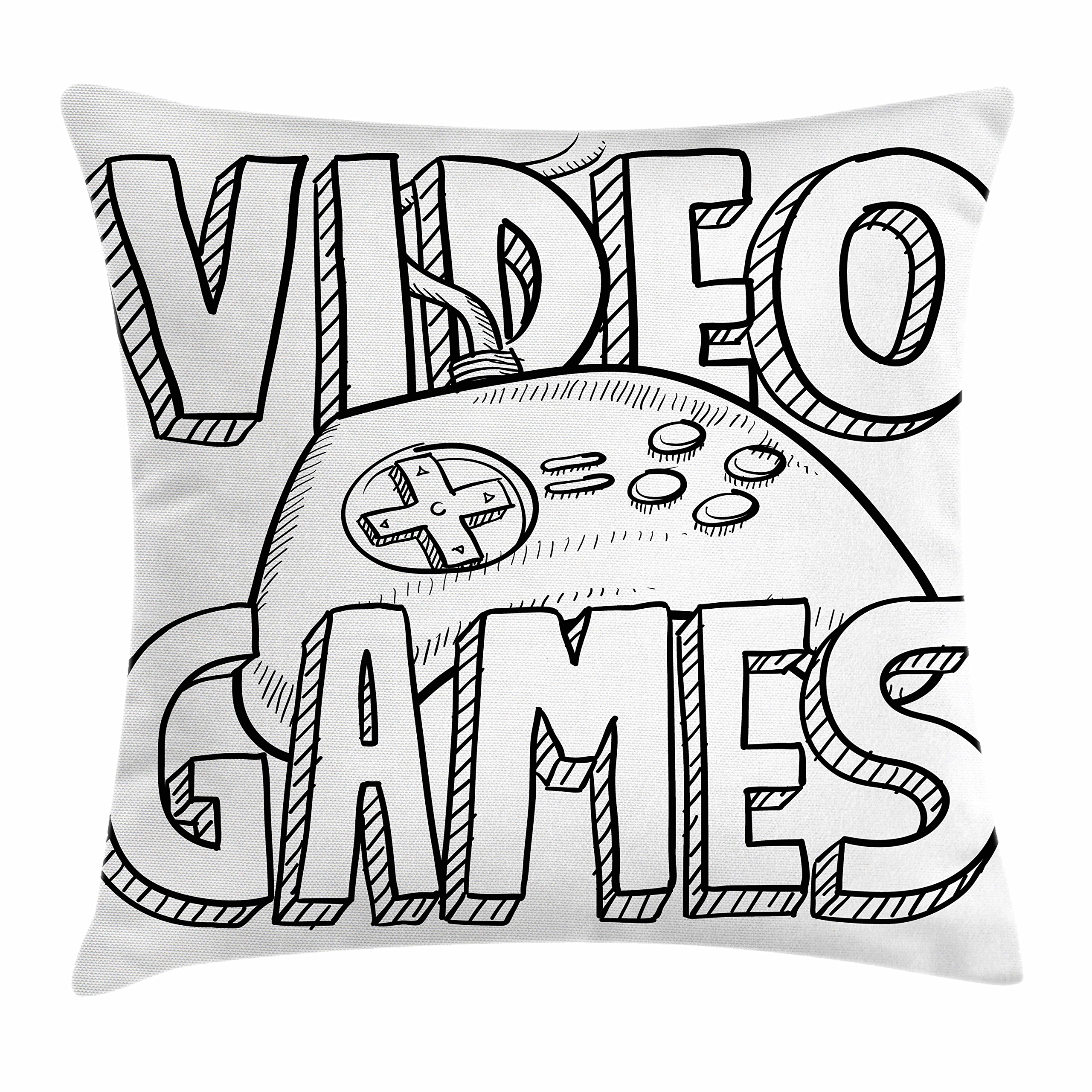 Lunarable Video Game Controller Sketch Throw Pillow Cover - 40x40 Inch Doodle Style Gaming Typography Decorative Square Cushion Case in Black & White - Perfect for Gaming Rooms, Living Room Decor & Gamer Gifts