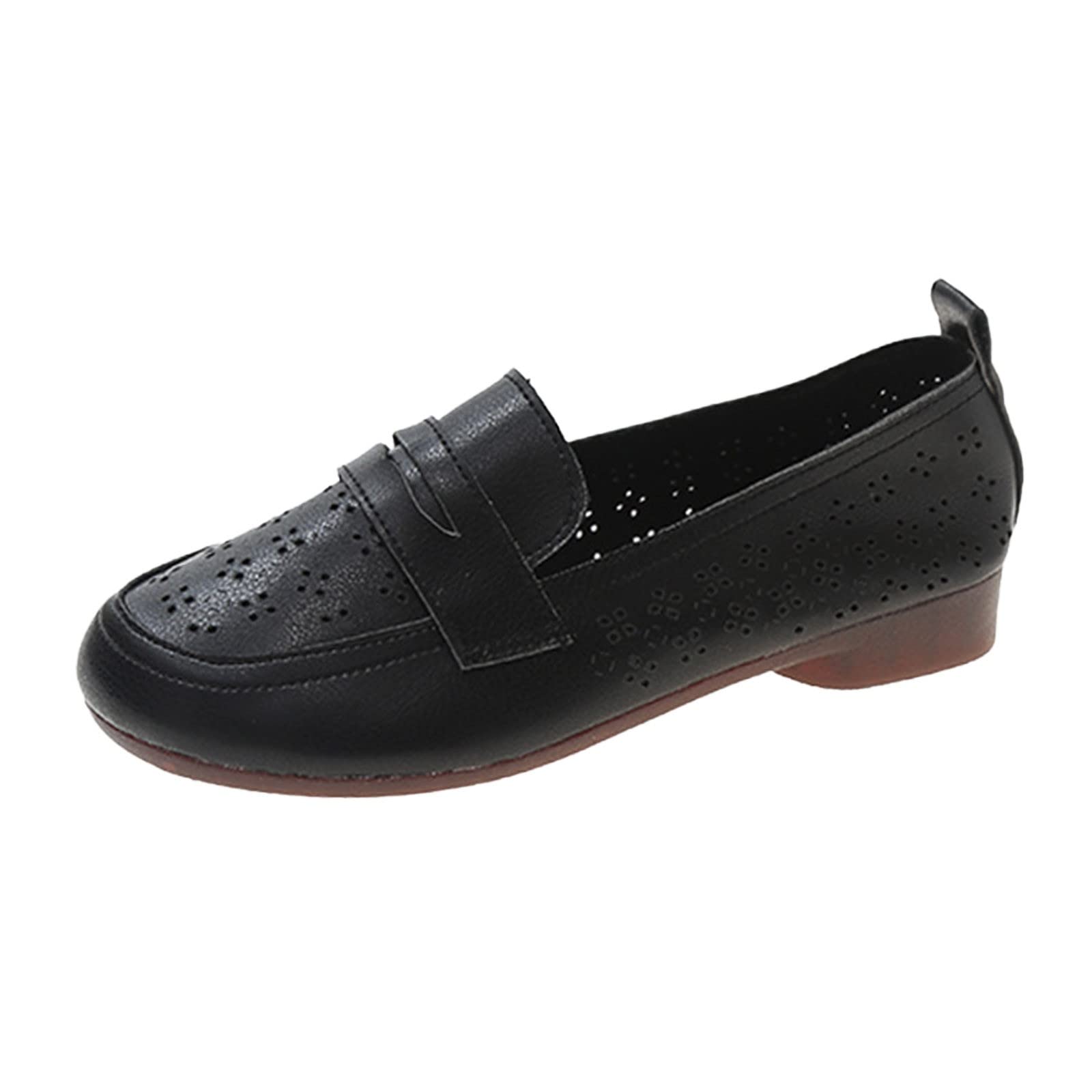 **Women's Slip-On Walking Shoes - Fashion Work Sneakers, Ethnic Style Leather Loafers with Breathable Hollow Design, Flat Round Toe Retro Casual Shoes (Black) - Perfect for Office, Travel & Daily Wear**