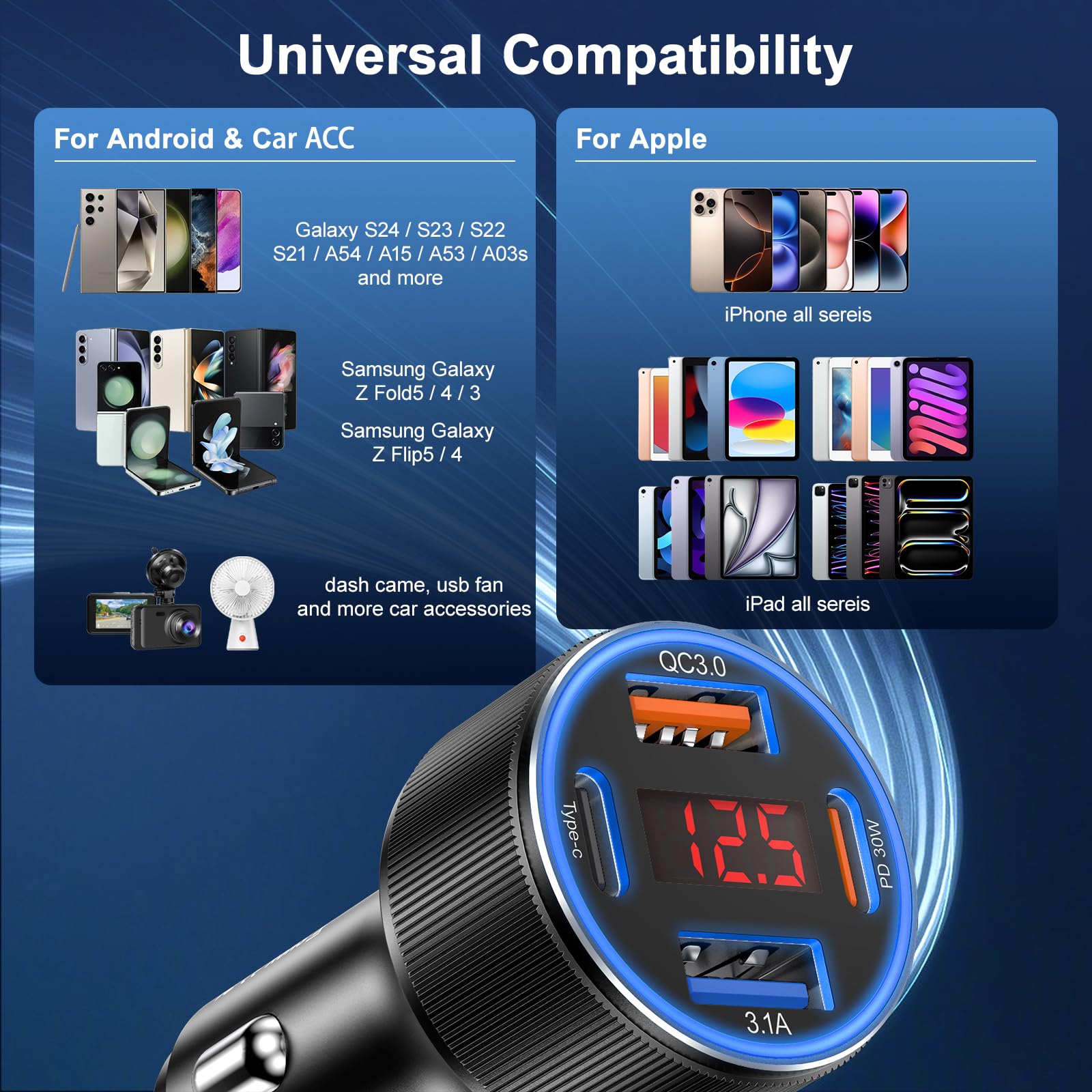 Besgoods 4-Port USB C Car Charger with Voltmeter - PD/QC 3.0 Fast Charging Adapter for iPhone 16/15/14/13/12, Galaxy S24/S23/A54/A15 & Android Devices - Perfect for Road Trips, Commuting & Dash Cams (2-Pack)