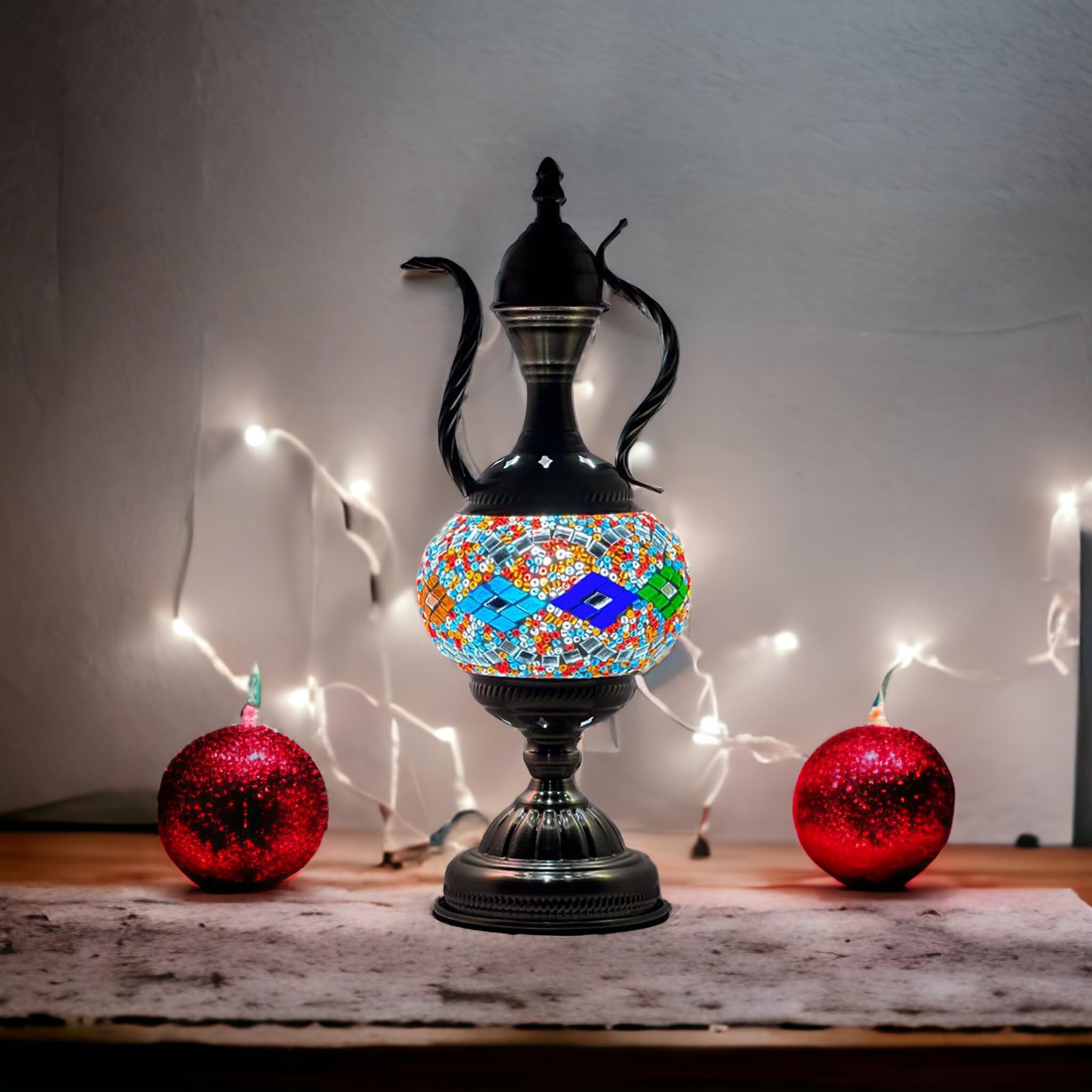Silverfever Mosaic Turkish Teapot Lamp with Moroccan Glass & Bronze Base - E12 Bulb Included - Perfect for Table, Desk, Bedside & Boho Home Decor (Wave Natural Pattern)