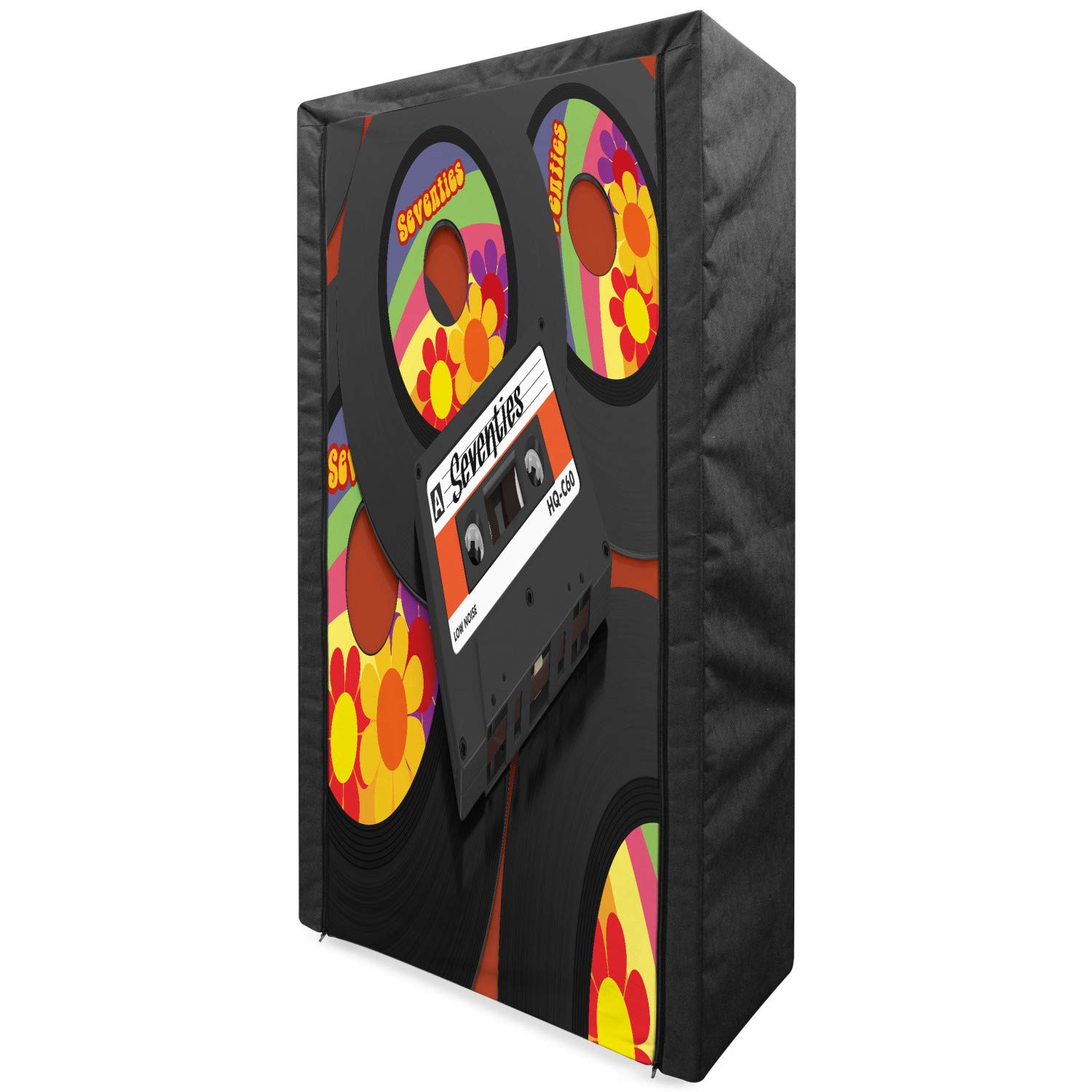 Vintage 70s Themed Portable Fabric Wardrobe & Clothing Organizer with Shelves - Compact Cassette Player & Vinyl Records Included - 33.5