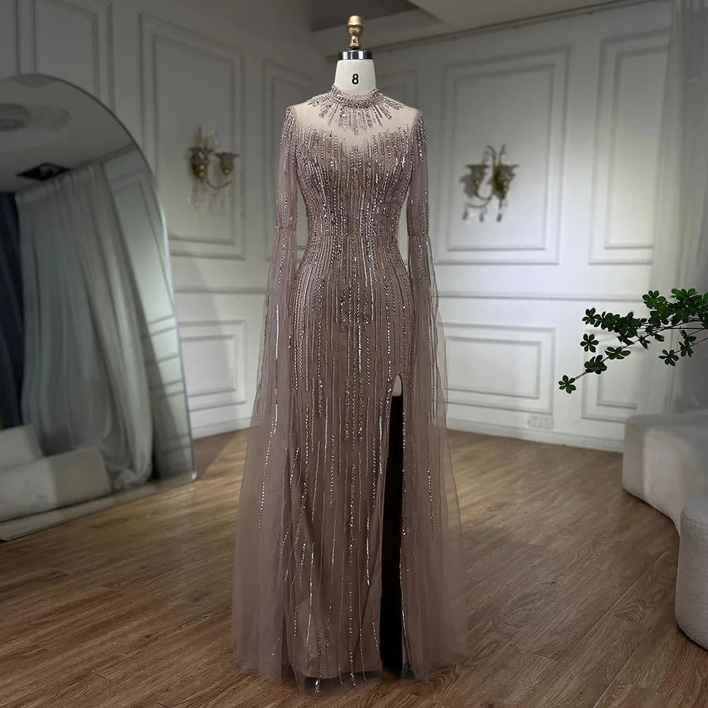 Elegant Arabic Turquoise Mermaid Evening Gown with Cape Sleeves & Beaded Split Design for Women - Perfect for Weddings, Parties & Special Occasions 2025 | LA72381