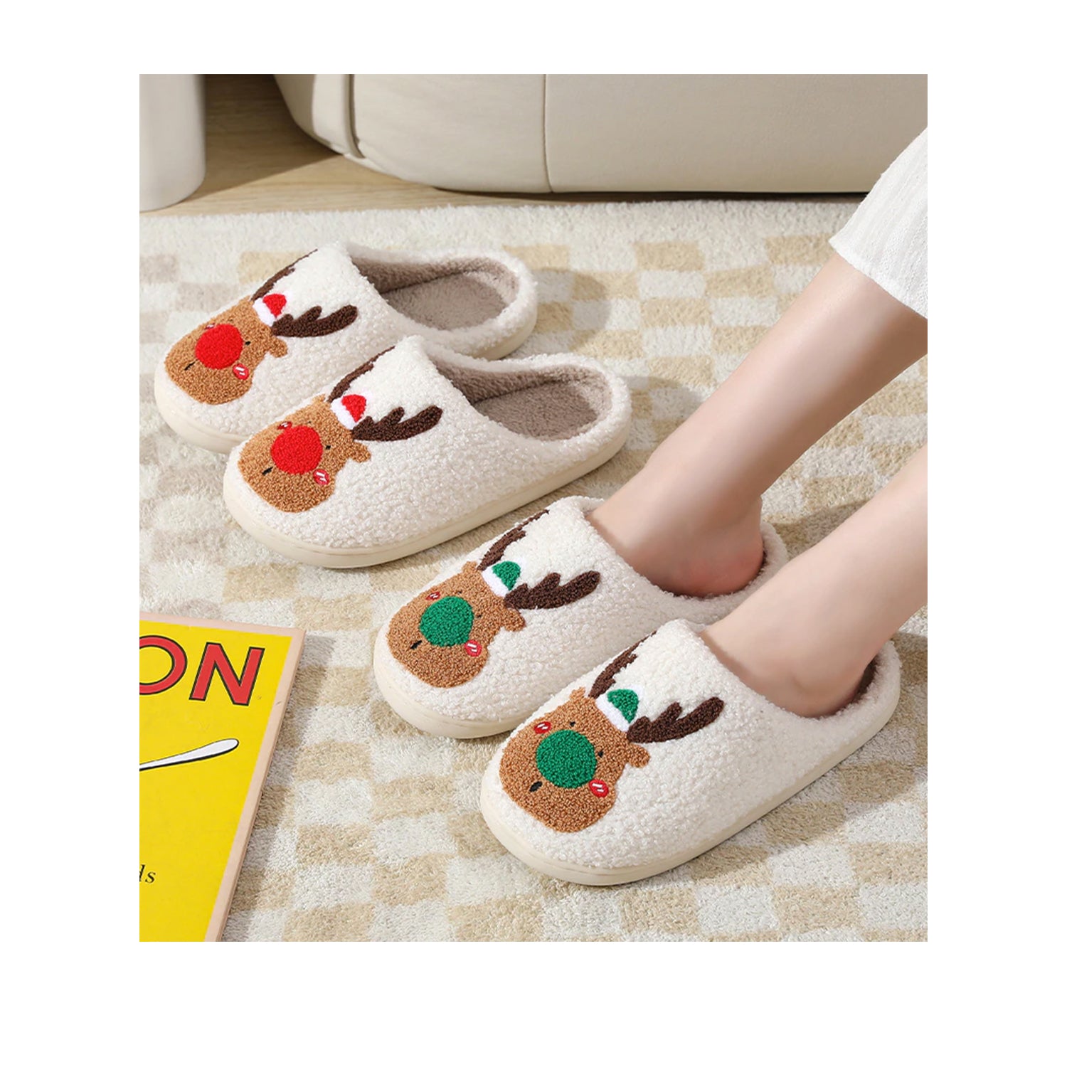 FLOOF Rudolph Slippers in Green - Cozy Christmas Animal House Shoes for Women & Men | Perfect Holiday Gift & Winter Home Comfort